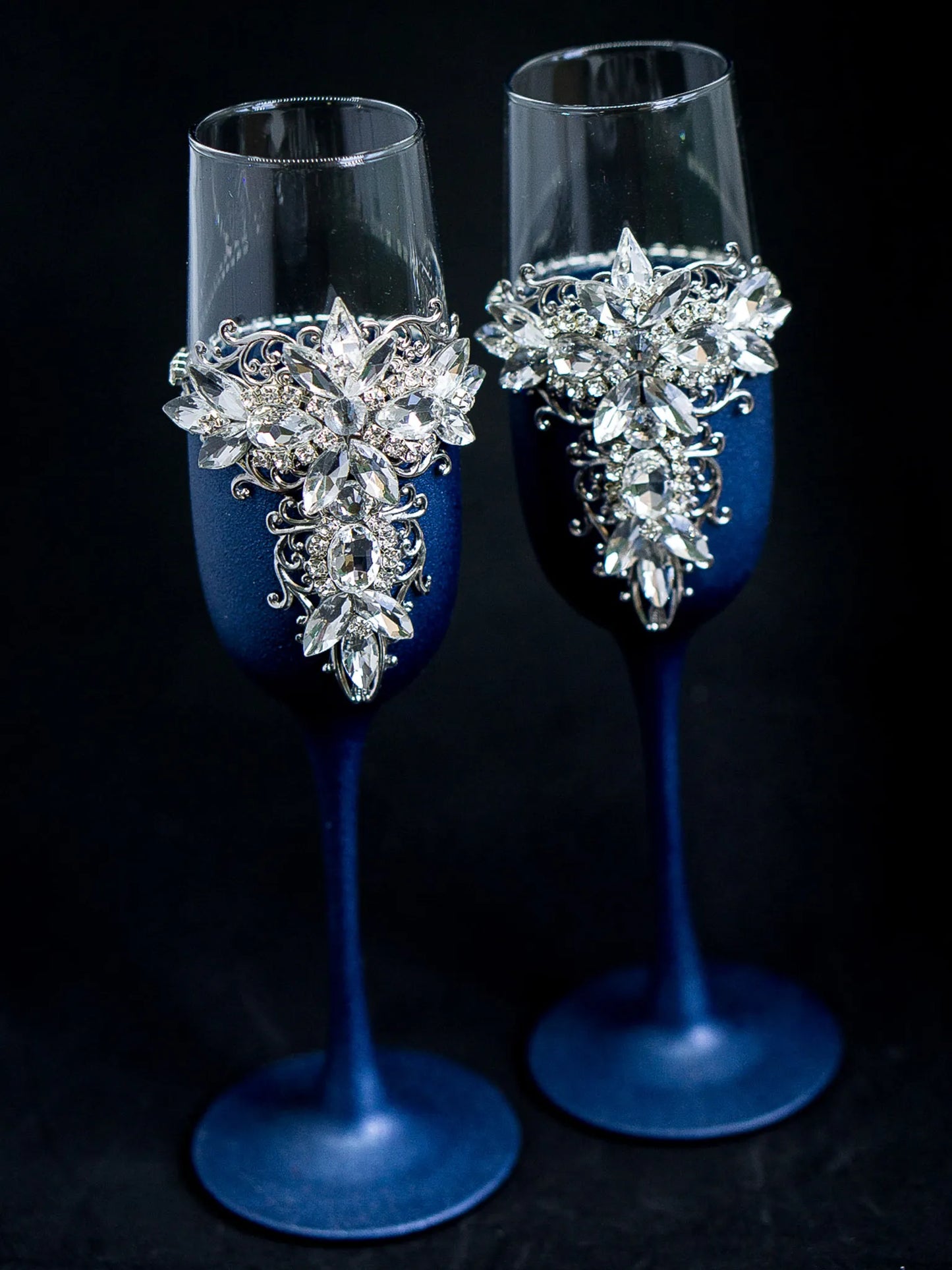 Personalized Navy Blue & Silver Crystal Toasting Flutes - Gloria Collection