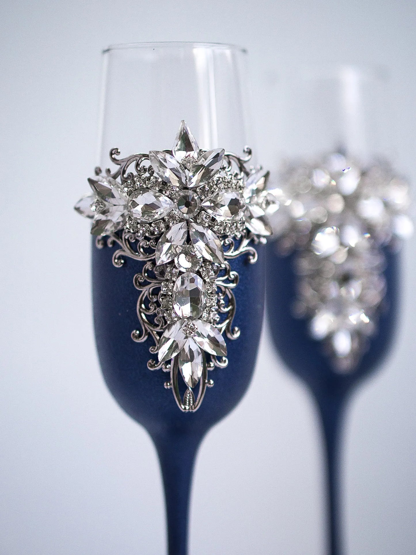 Silver and Navy Blue Personalized Crystals Monogrammed Wedding Toasting Glasses and Cake Knife Set