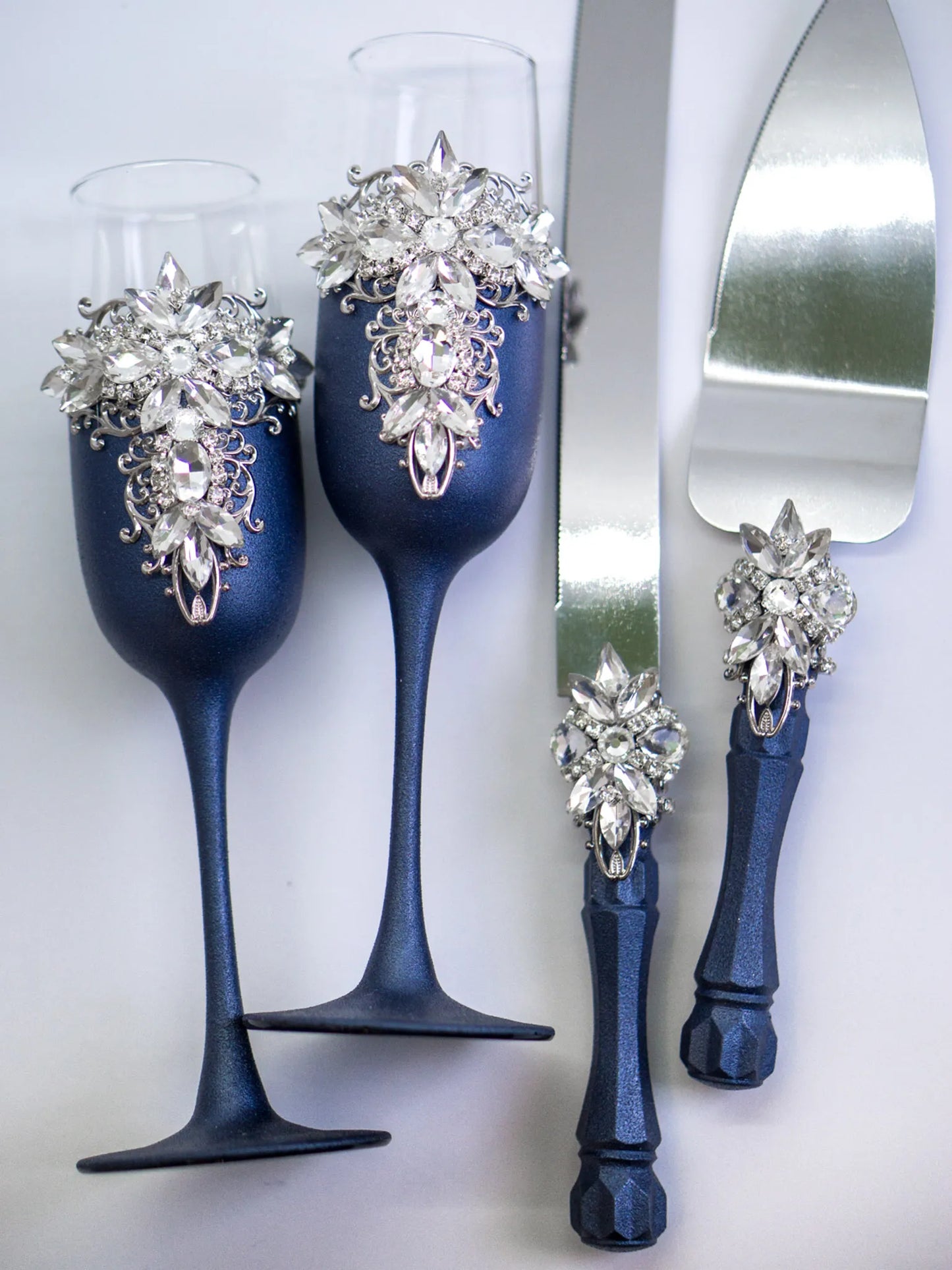 Silver and Navy Blue Personalized Crystals Monogrammed Wedding Toasting Glasses and Cake Knife Set