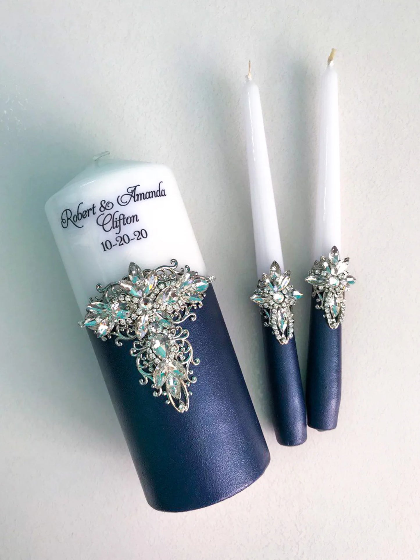 Personalized Navy Blue and Silver Clear Crystals Monogram Unity Candle Set