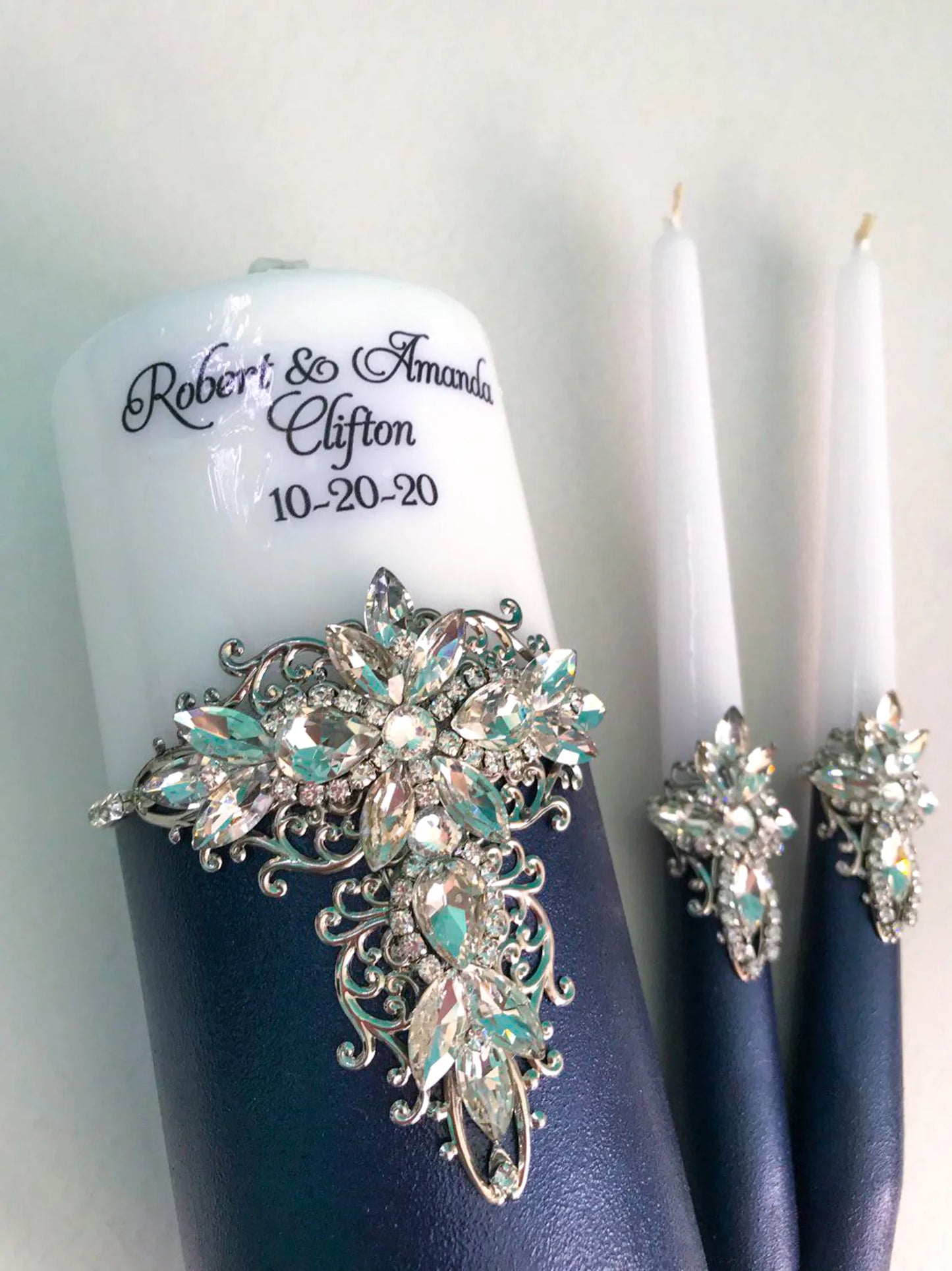 Personalized Navy Blue and Silver Clear Crystals Monogram Unity Candle Set