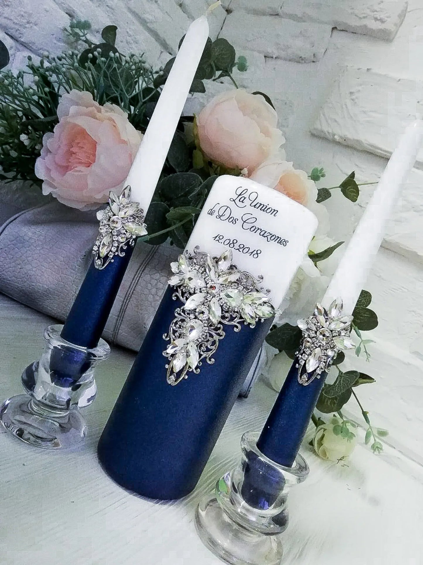 Personalized Navy Blue and Silver Clear Crystals Monogram Unity Candle Set