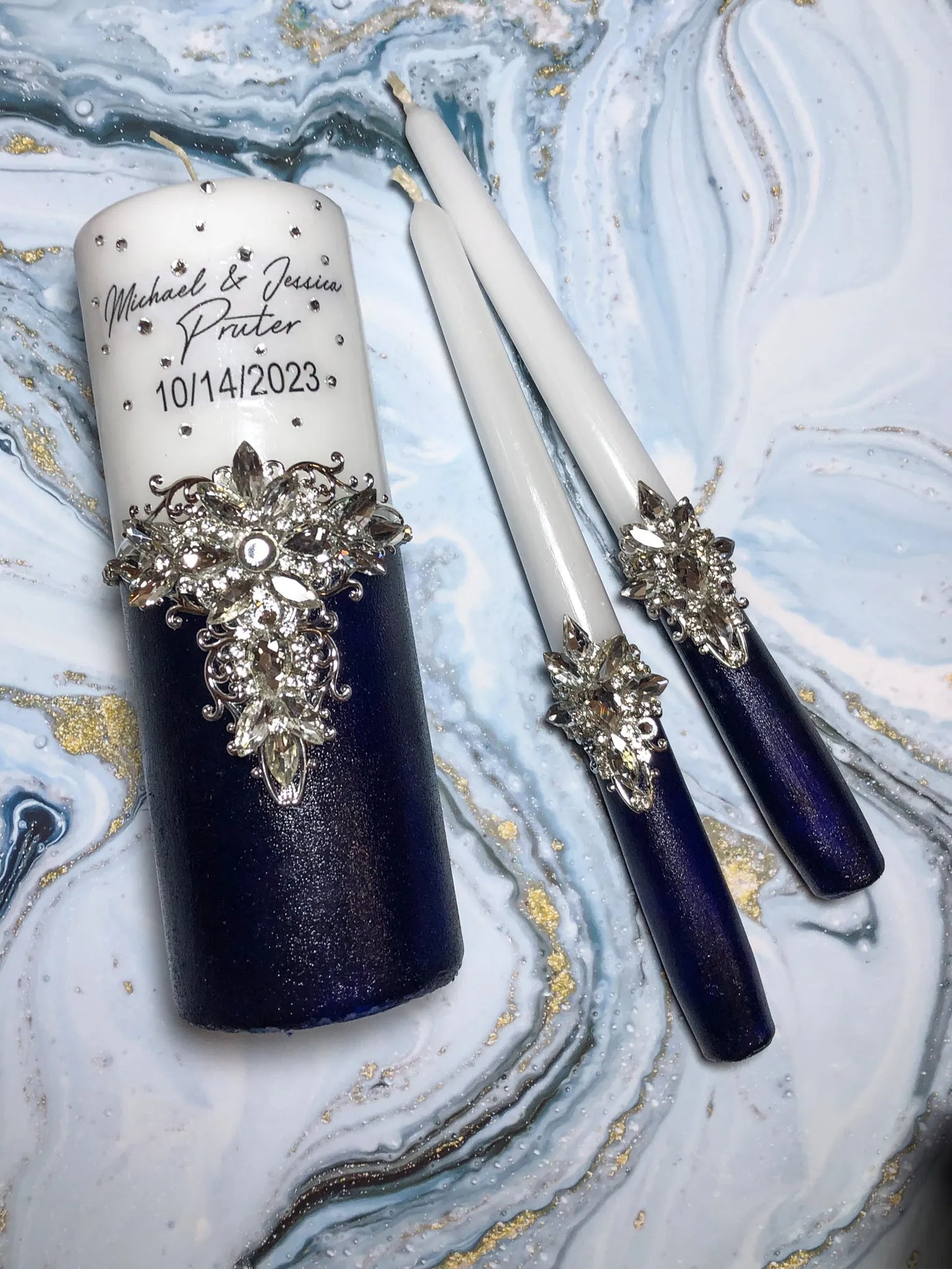 Personalized Navy Blue and Silver Clear Crystals Monogram Unity Candle Set