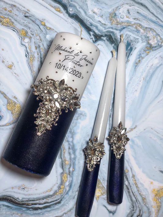 Navy Blue and Silver Monogram Unity Candle Set