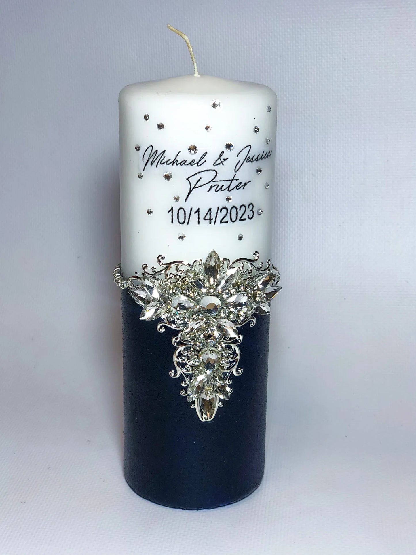 Personalized Navy Blue and Silver Clear Crystals Monogram Unity Candle Set
