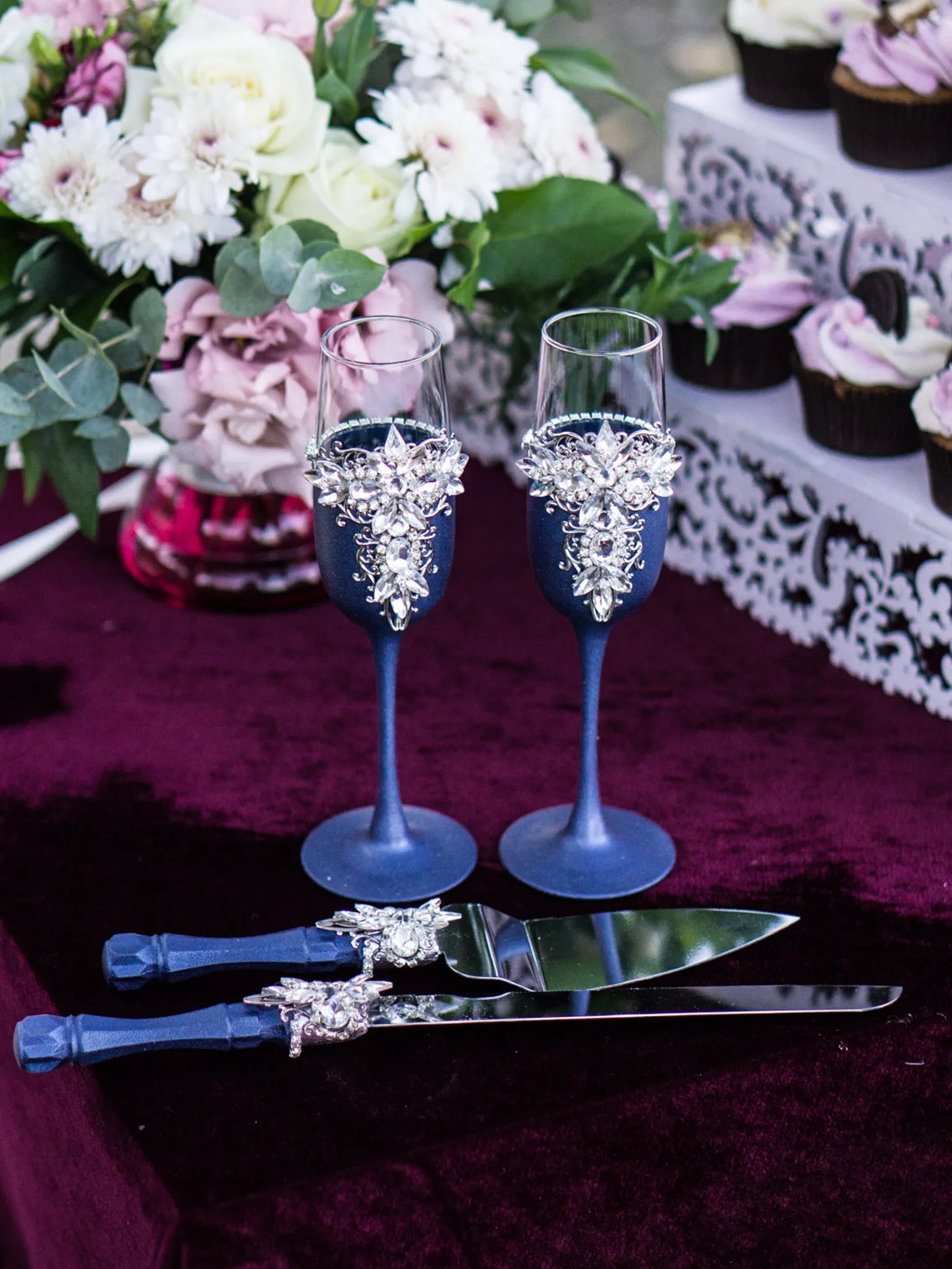 Silver and Navy Blue Personalized Crystals Monogrammed Wedding Toasting Glasses and Cake Knife Set