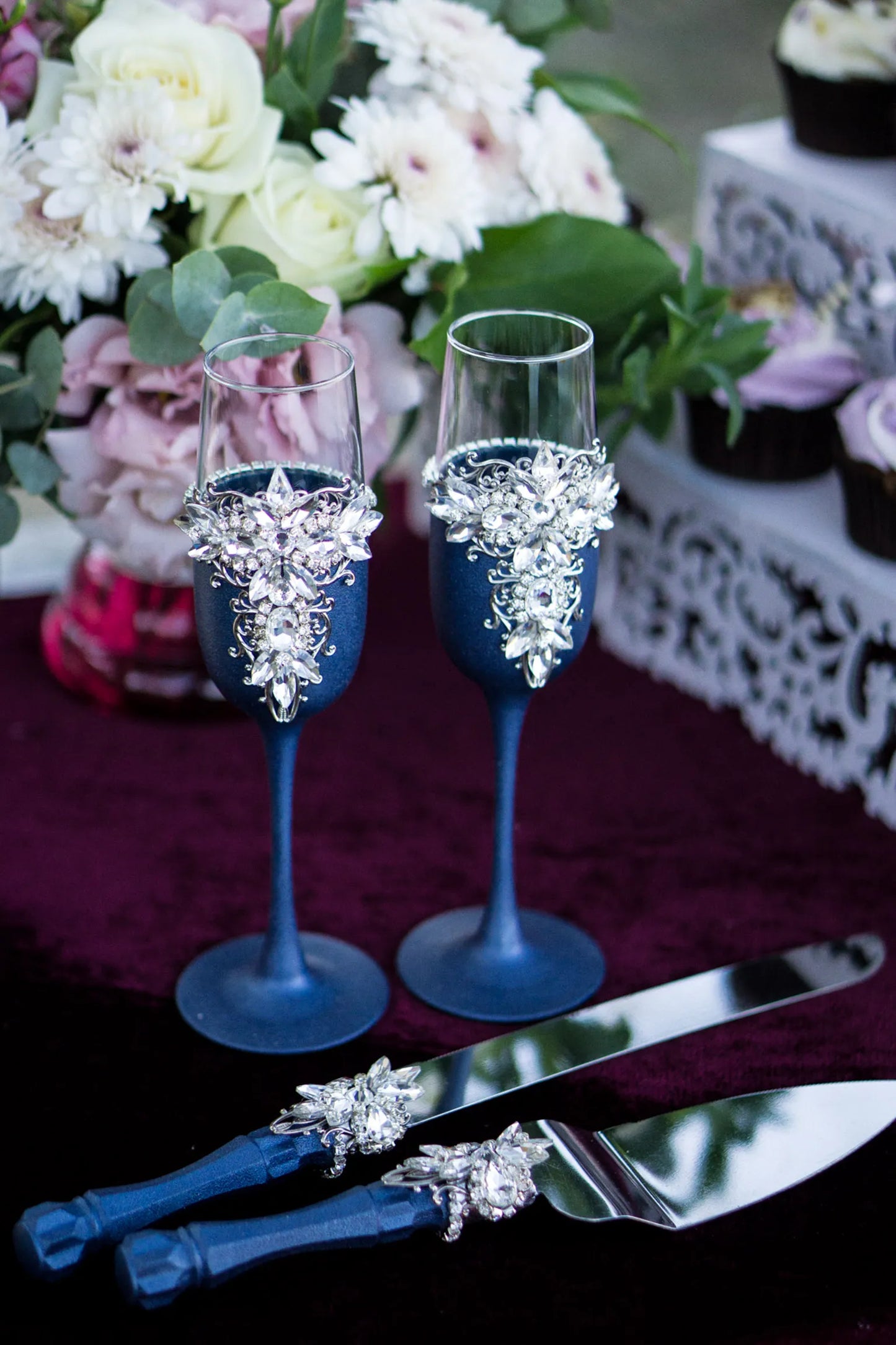 Silver and Navy Blue Personalized Crystals Monogrammed Wedding Toasting Glasses and Cake Knife Set