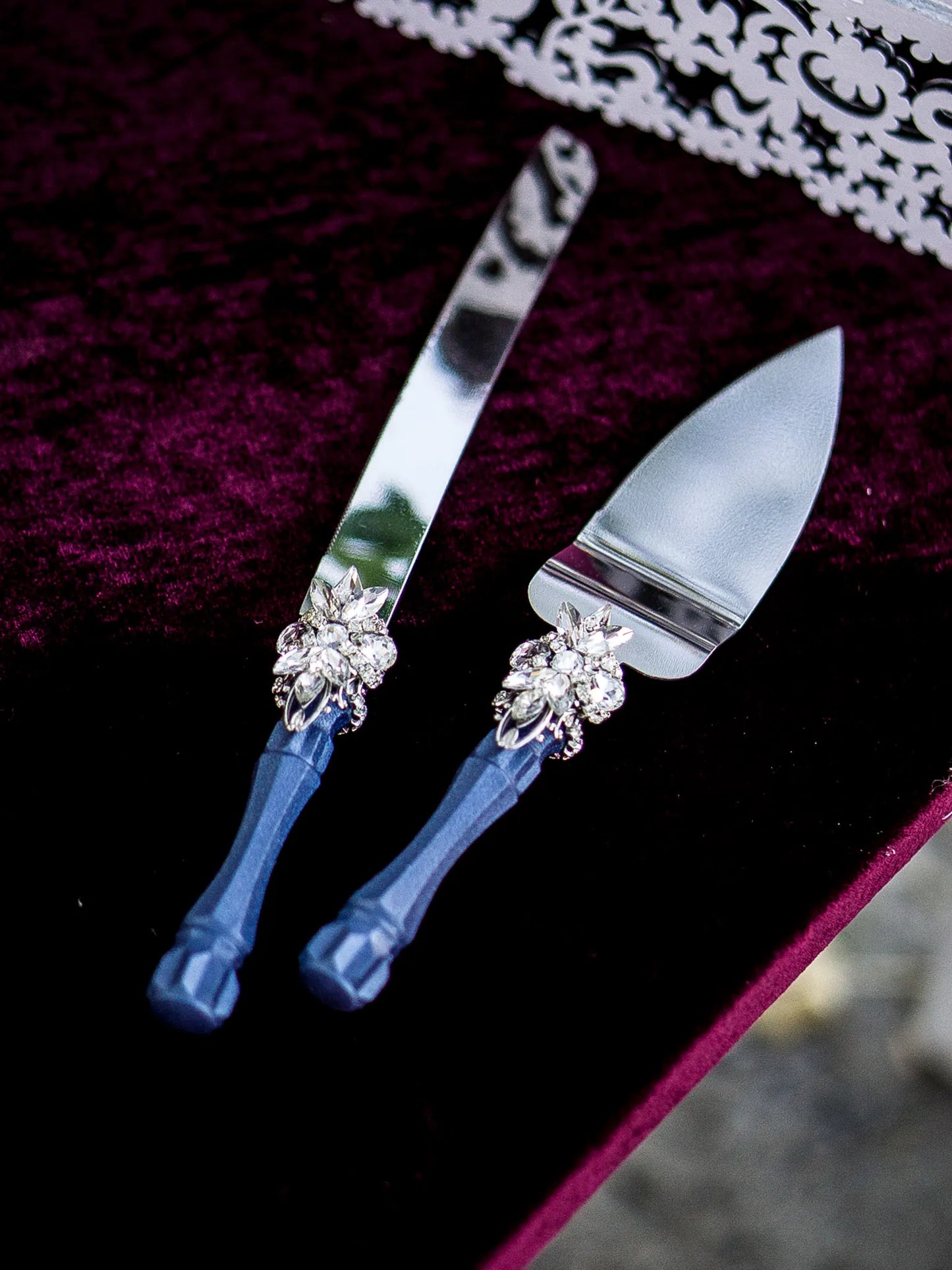 Silver and Navy Blue Personalized Crystals Monogrammed Wedding Toasting Glasses and Cake Knife Set