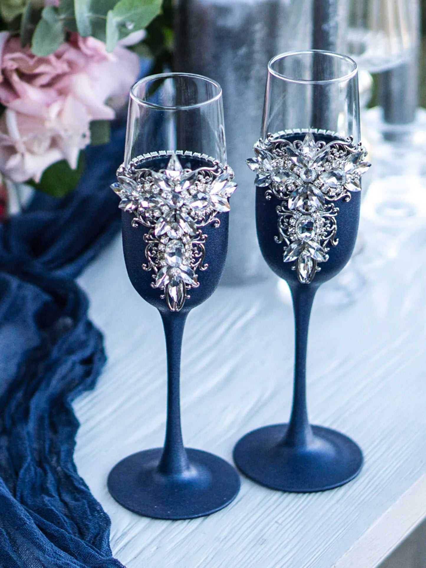 Silver and Navy Blue Personalized Crystals Monogrammed Wedding Toasting Glasses and Cake Knife Set