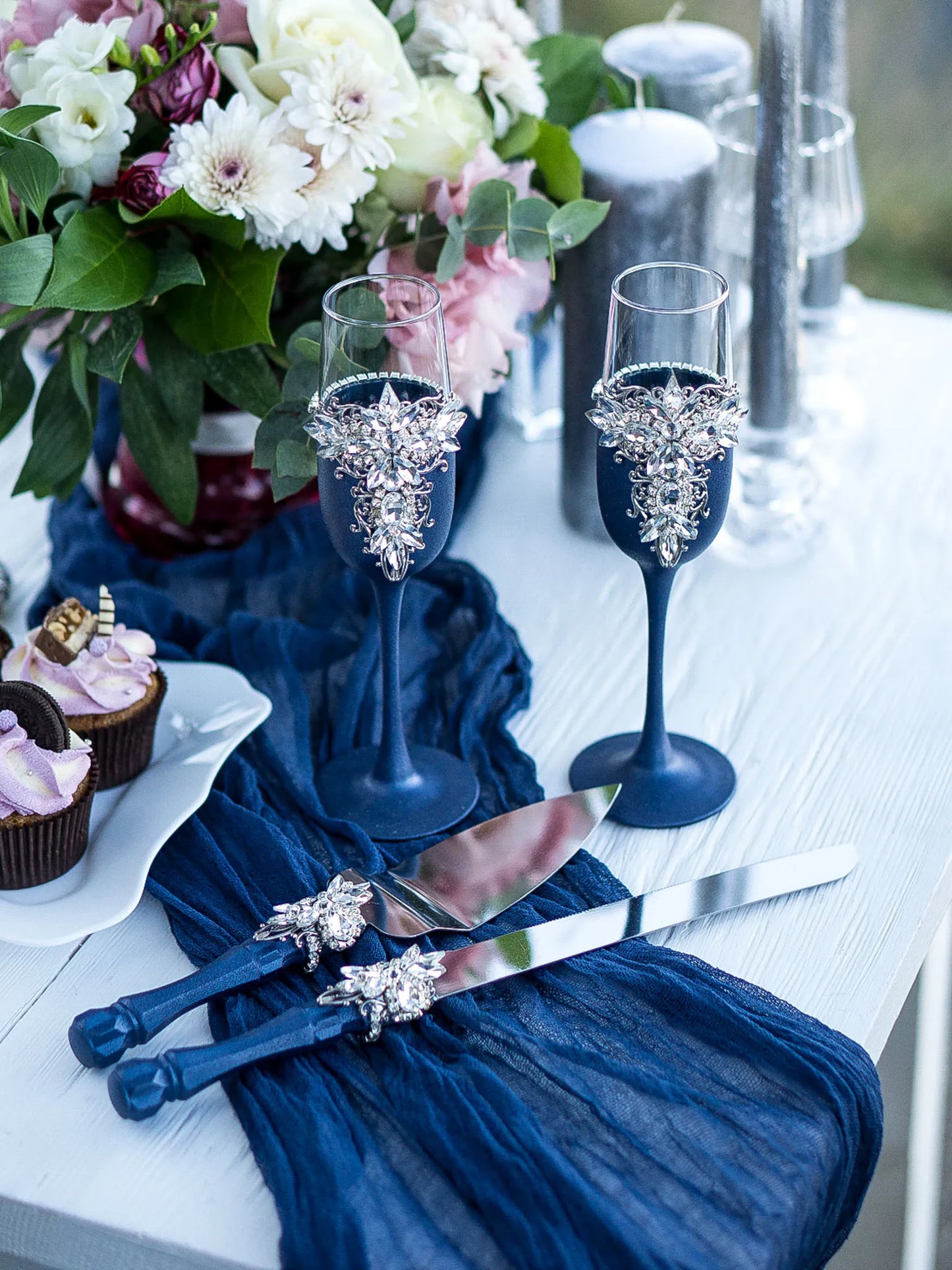 Silver and Navy Blue Personalized Crystals Monogrammed Wedding Toasting Glasses and Cake Knife Set