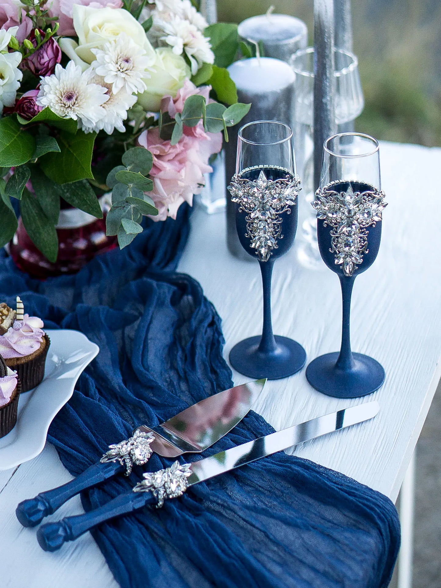 Silver and Navy Blue Personalized Crystals Monogrammed Wedding Toasting Glasses and Cake Knife Set
