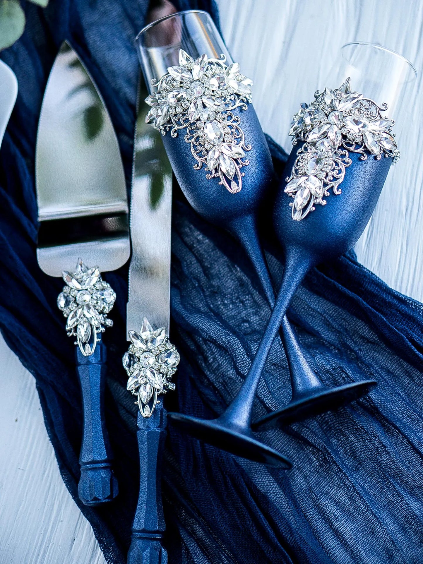 Personalized Navy Blue & Silver Crystal Toasting Flutes - Gloria Collection