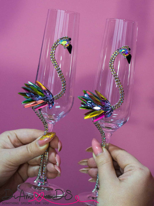 Rainbow flamingo champagne flutes