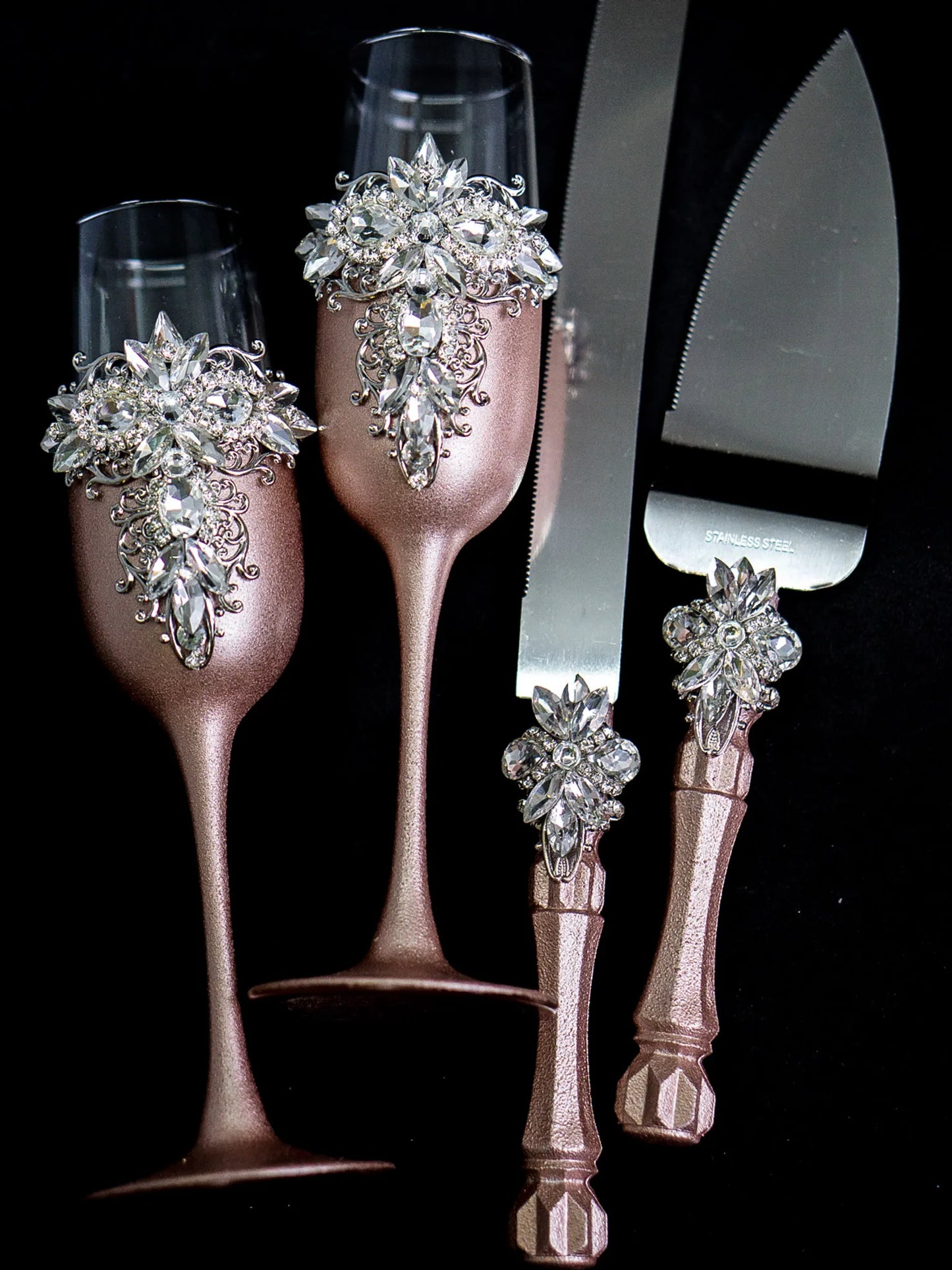 Elegant Rose Gold & Silver Crystals Toasting Flutes and Cake Knife Set