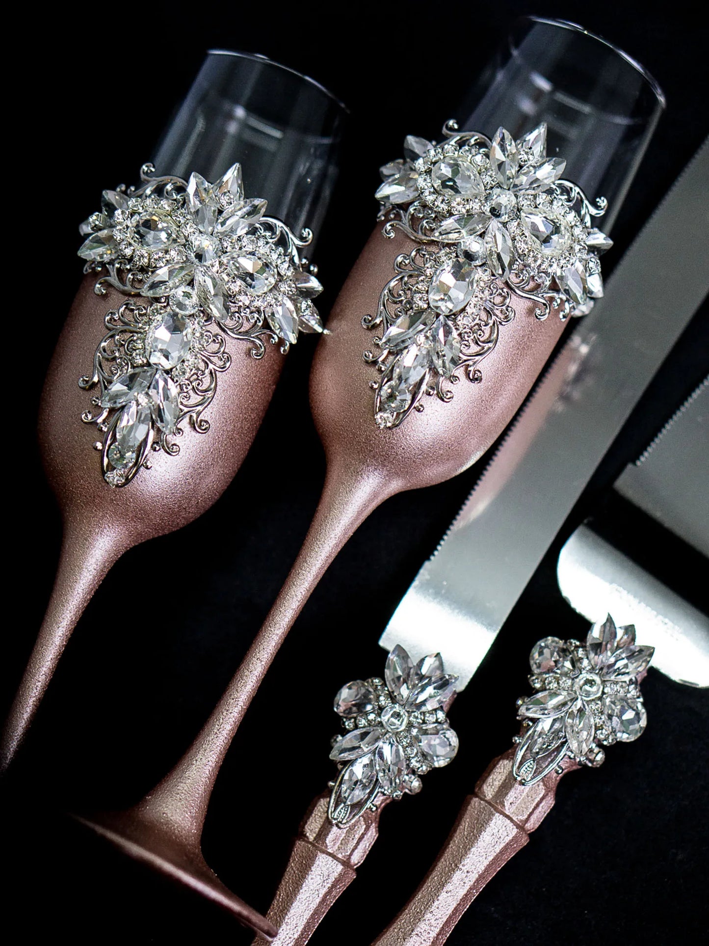 Elegant Rose Gold & Silver Crystals Toasting Flutes and Cake Knife Set