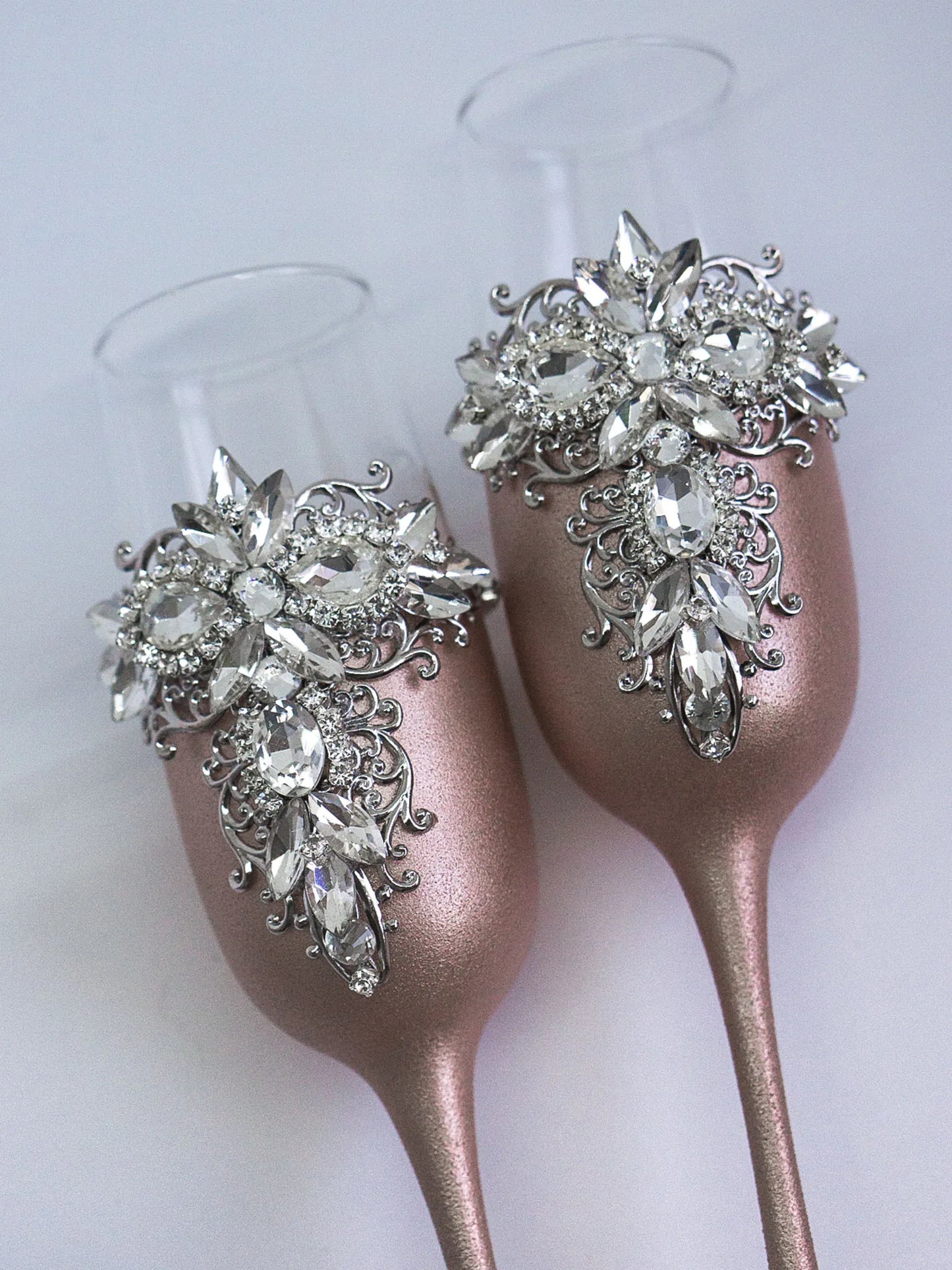 Personalized Silver and Rose Gold Wedding Champagne Flutes - Gloria Collection