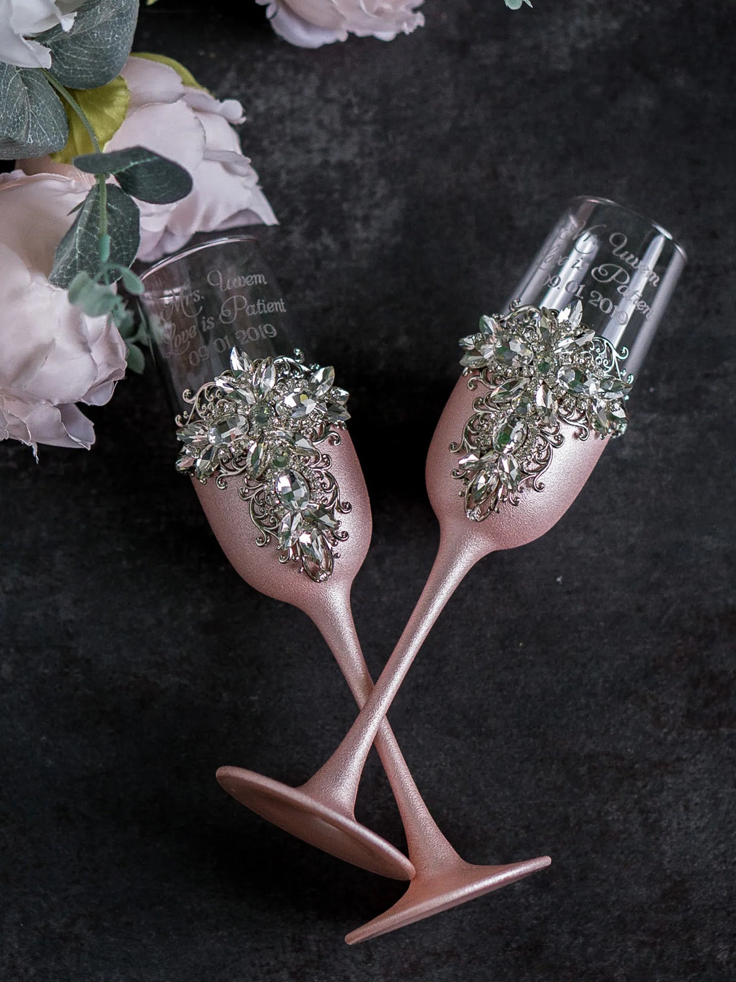 Personalized Silver and Rose Gold Wedding Champagne Flutes - Gloria Collection