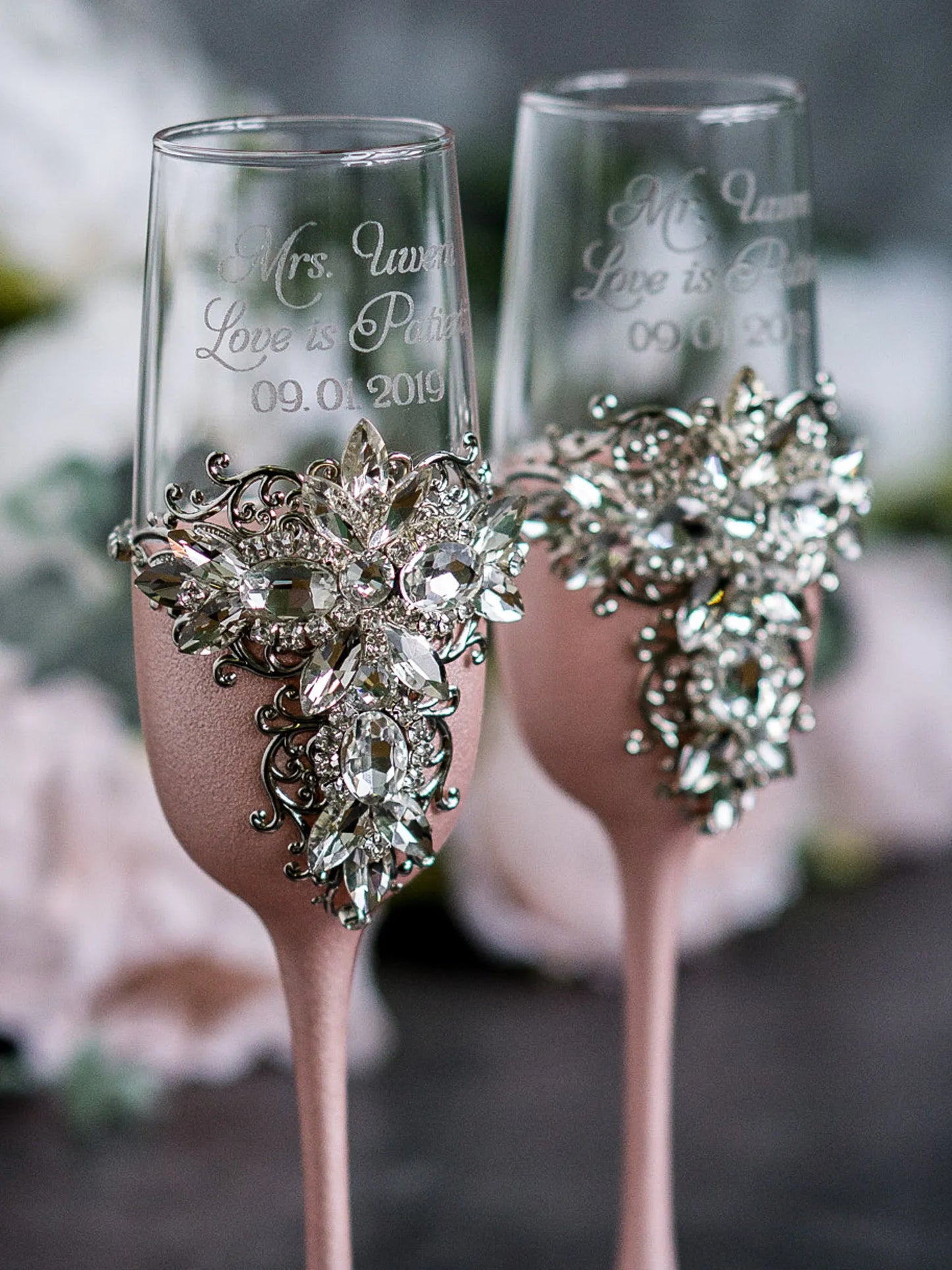Personalized Silver and Rose Gold Wedding Champagne Flutes - Gloria Collection