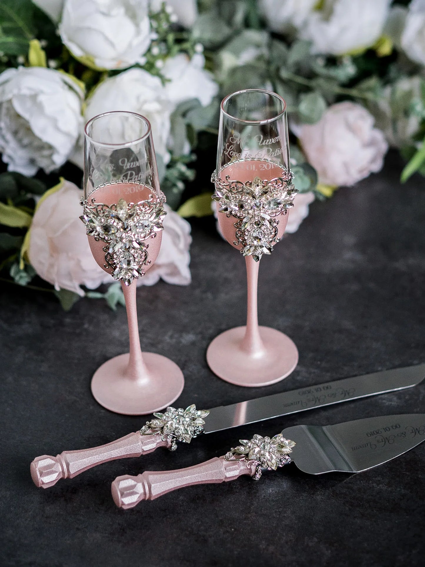Elegant Rose Gold & Silver Crystals Toasting Flutes and Cake Knife Set