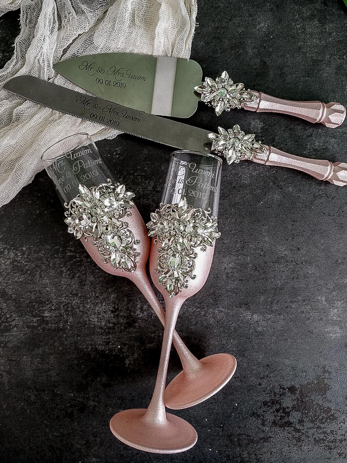 Elegant Rose Gold & Silver Crystals Toasting Flutes and Cake Knife Set
