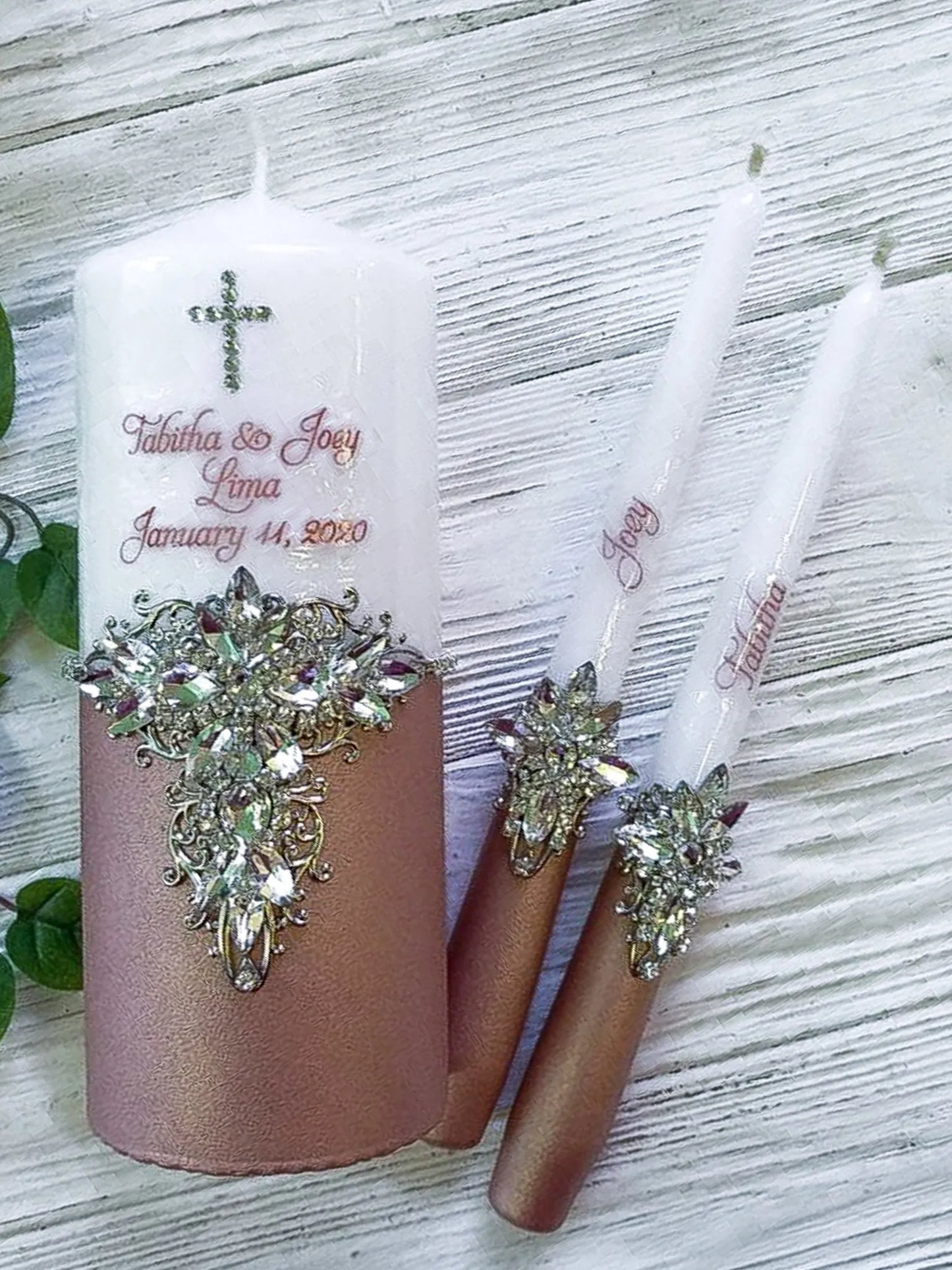 Personalized Rose Gold and Silver Decorative Unity Candles for Couples