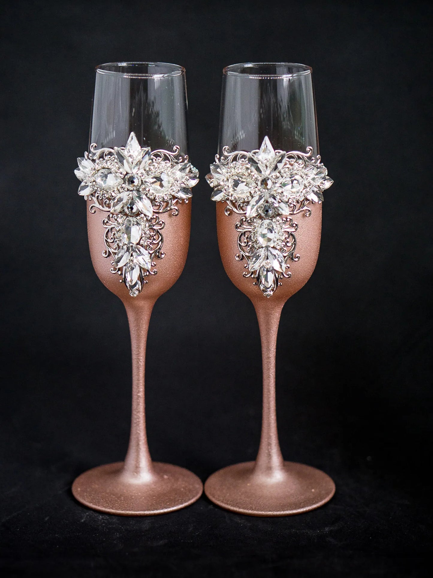 Elegant Rose Gold & Silver Crystals Toasting Flutes and Cake Knife Set