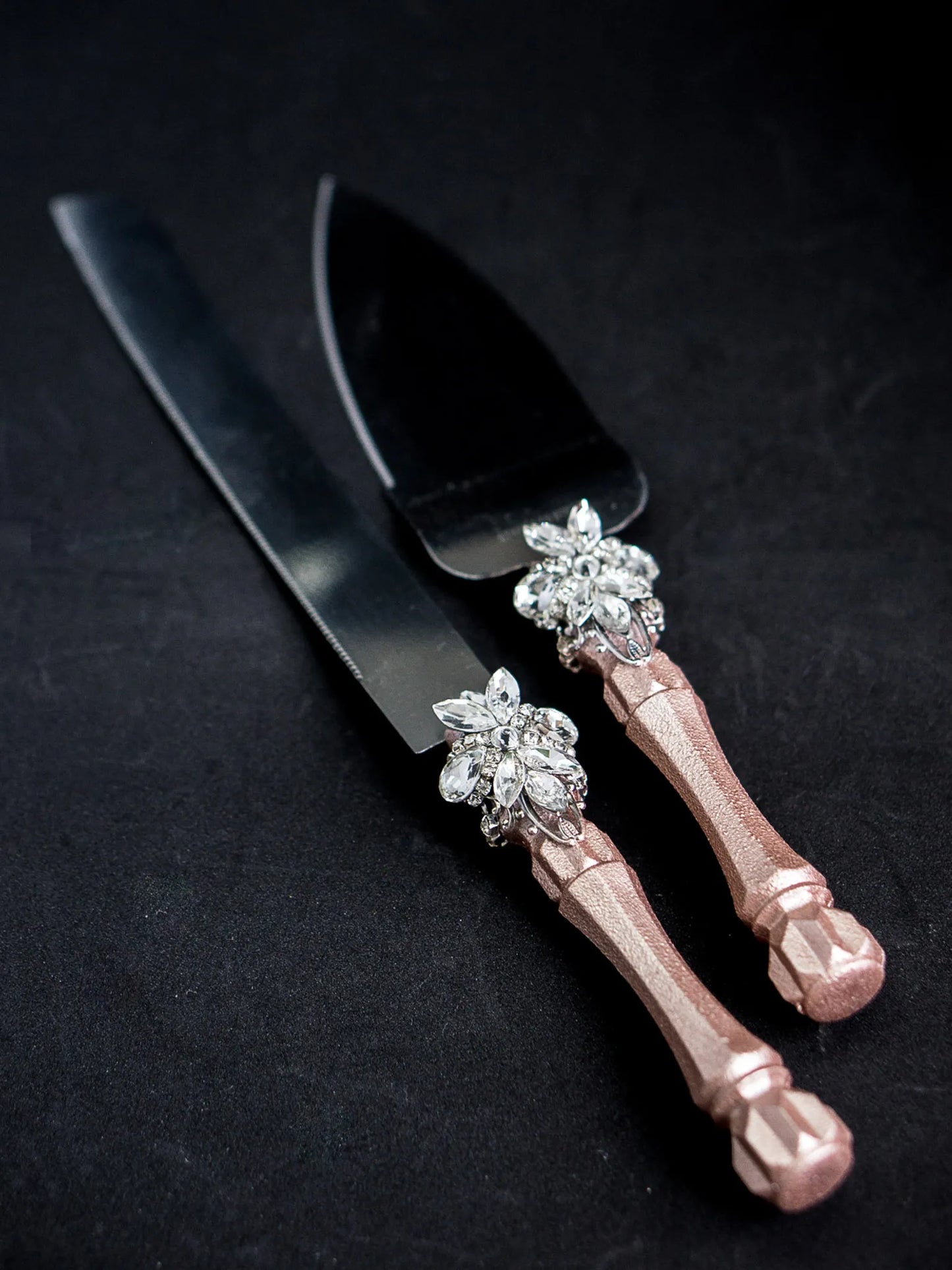 Elegant Rose Gold & Silver Crystals Toasting Flutes and Cake Knife Set