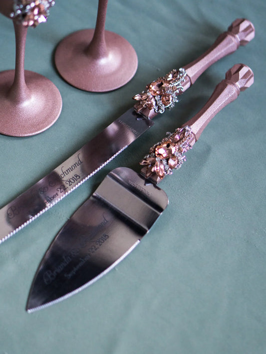 Rose gold cake knife and server set with crystal accents