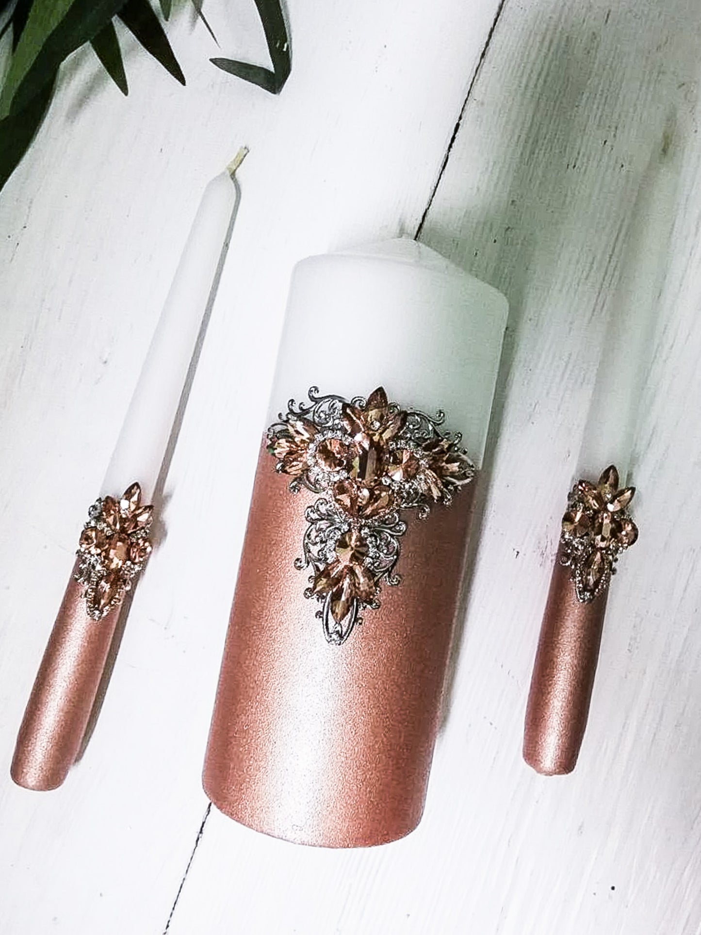 Personalized Rose Gold and Silver Decorative Unity Candles for Couples