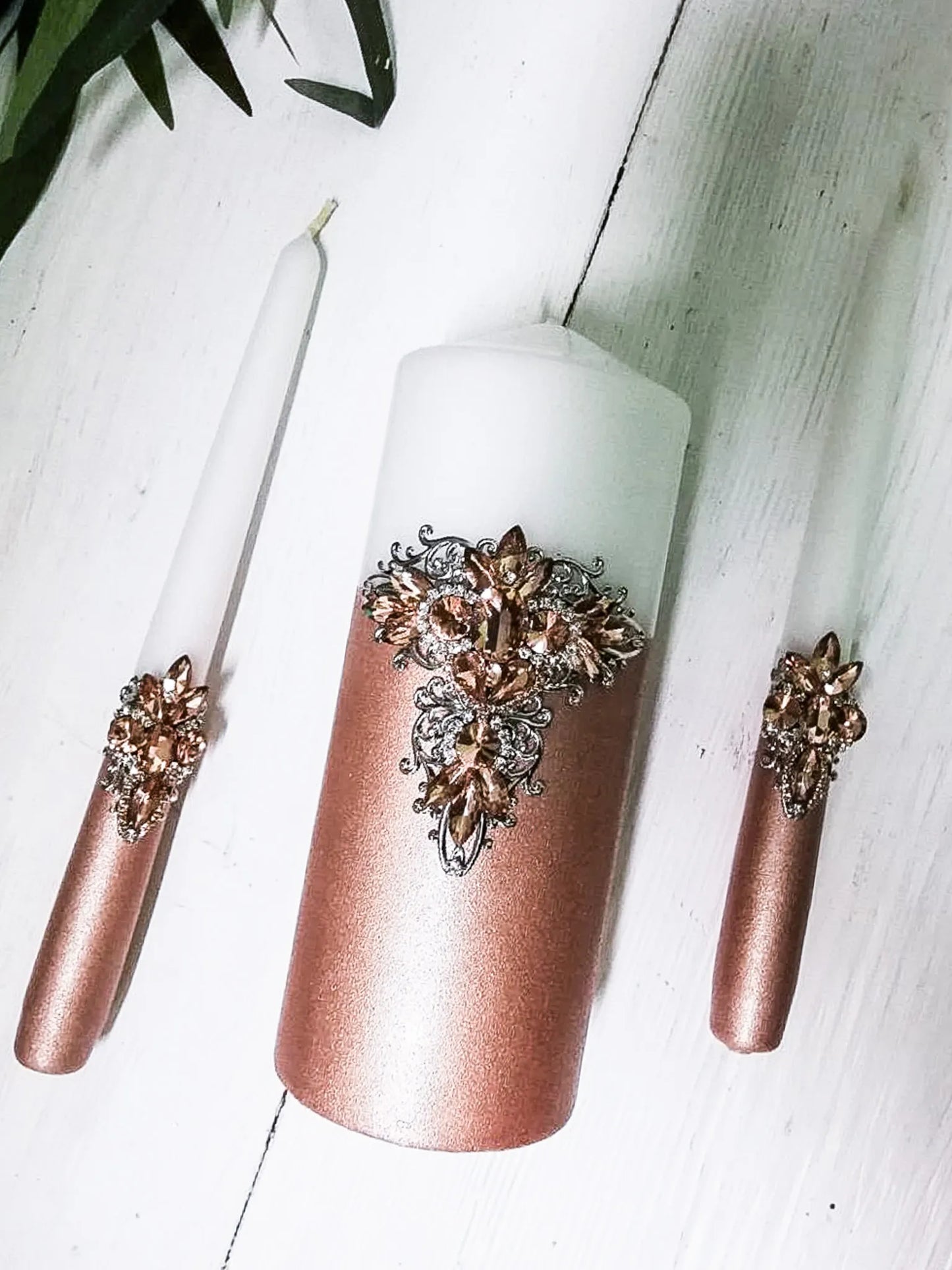 Enchanted Rose Gold Crystals Romantic Wedding Unity Candle Set - Gloria Collection
