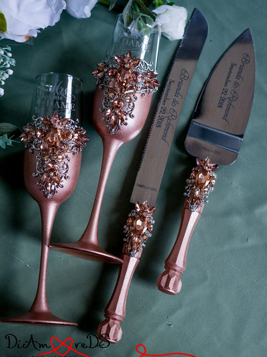 Elegant Personalized Rose Gold Wedding Champagne Flute and Cake Serving Set