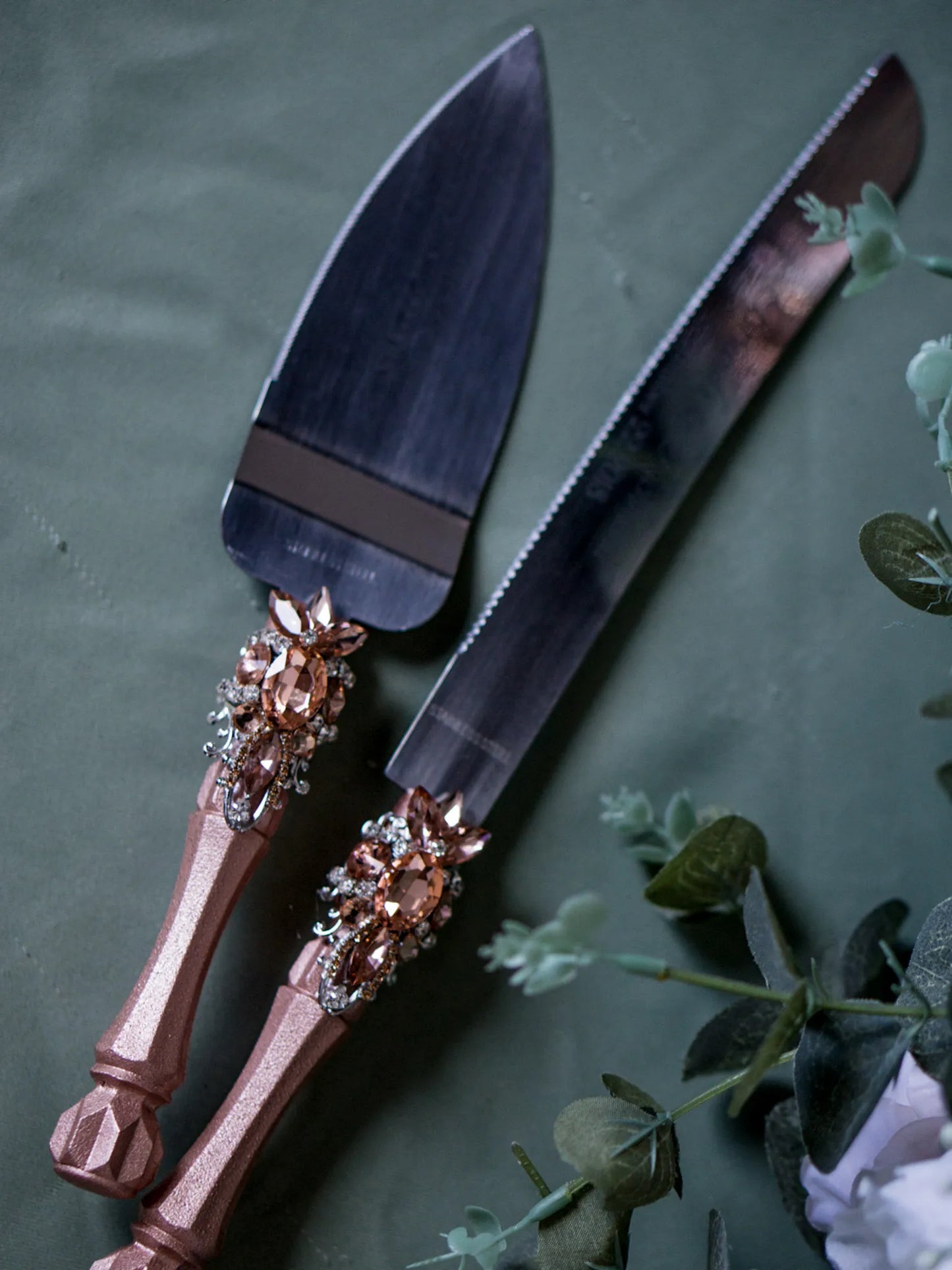Gloria Rose Gold Crystal Personalized Cake Knife and Server Set