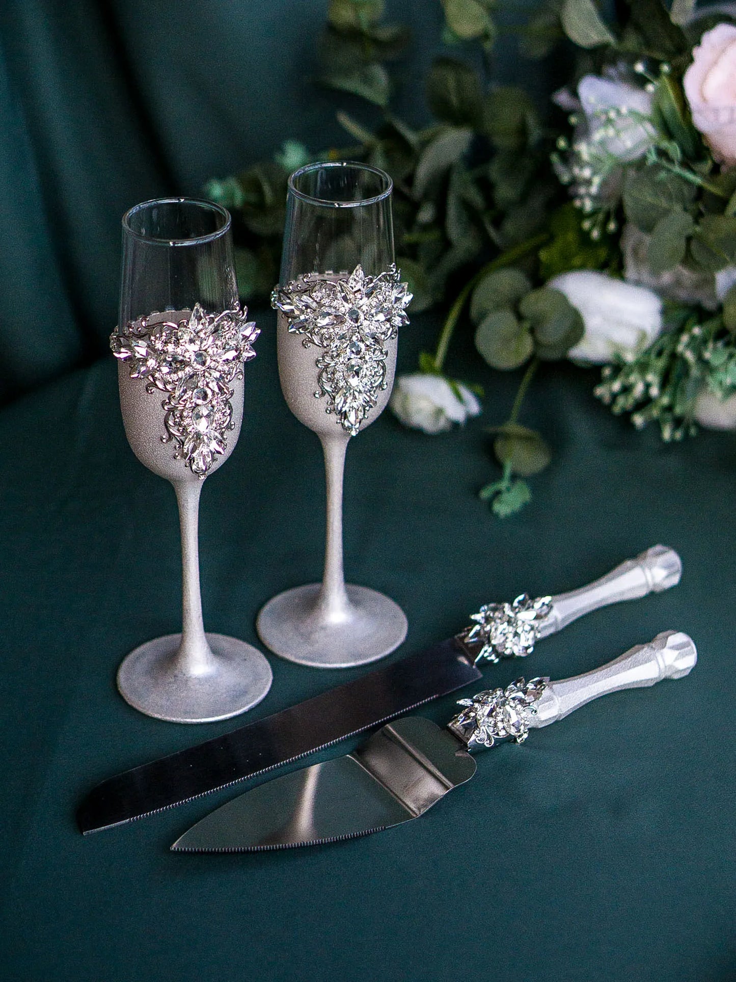 Custom Silver Crystals Wedding Cake Knife and Server Set