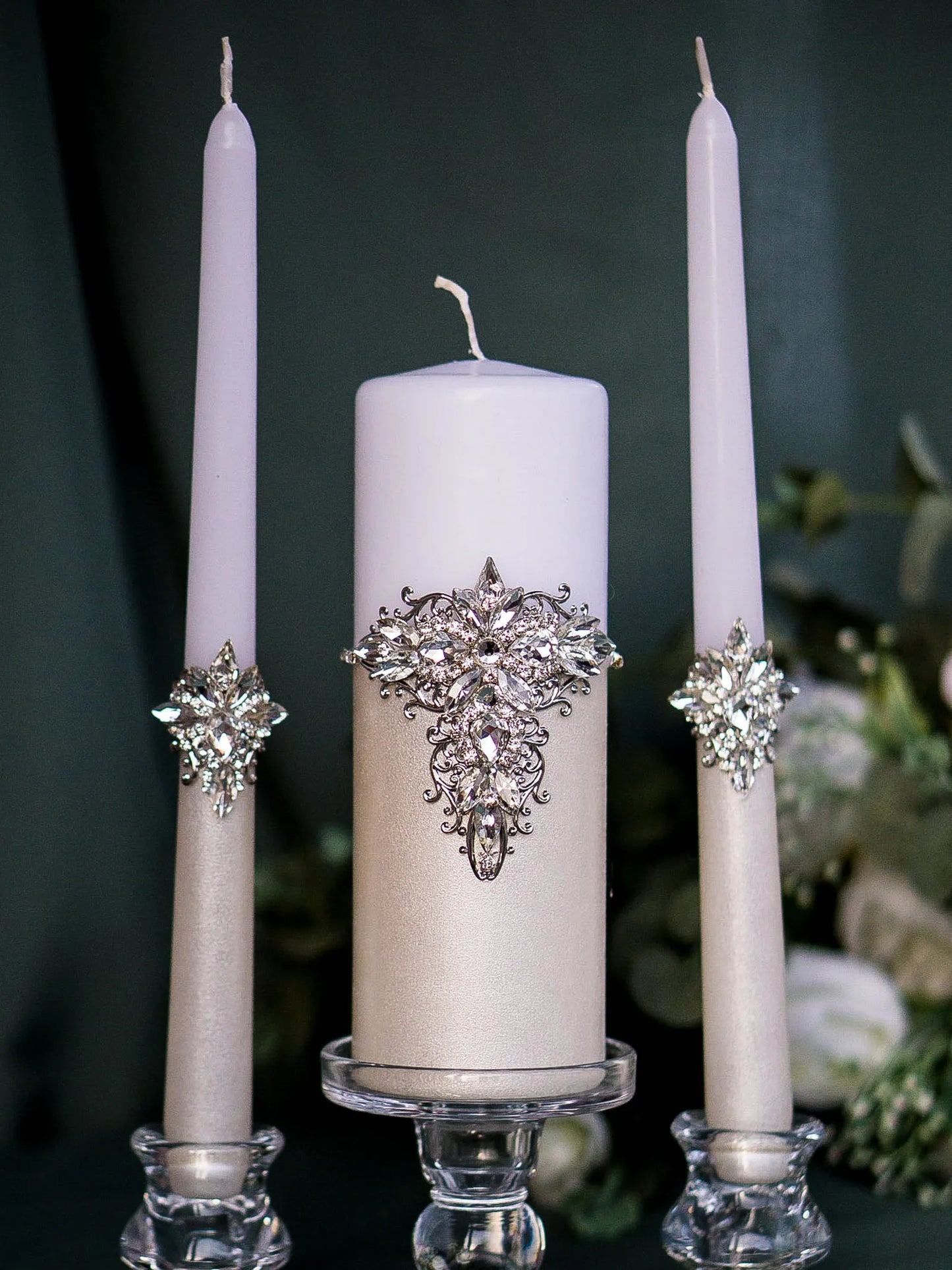 Customized Silver Crystals Wedding Candle Ceremony Set - Gloria Collection