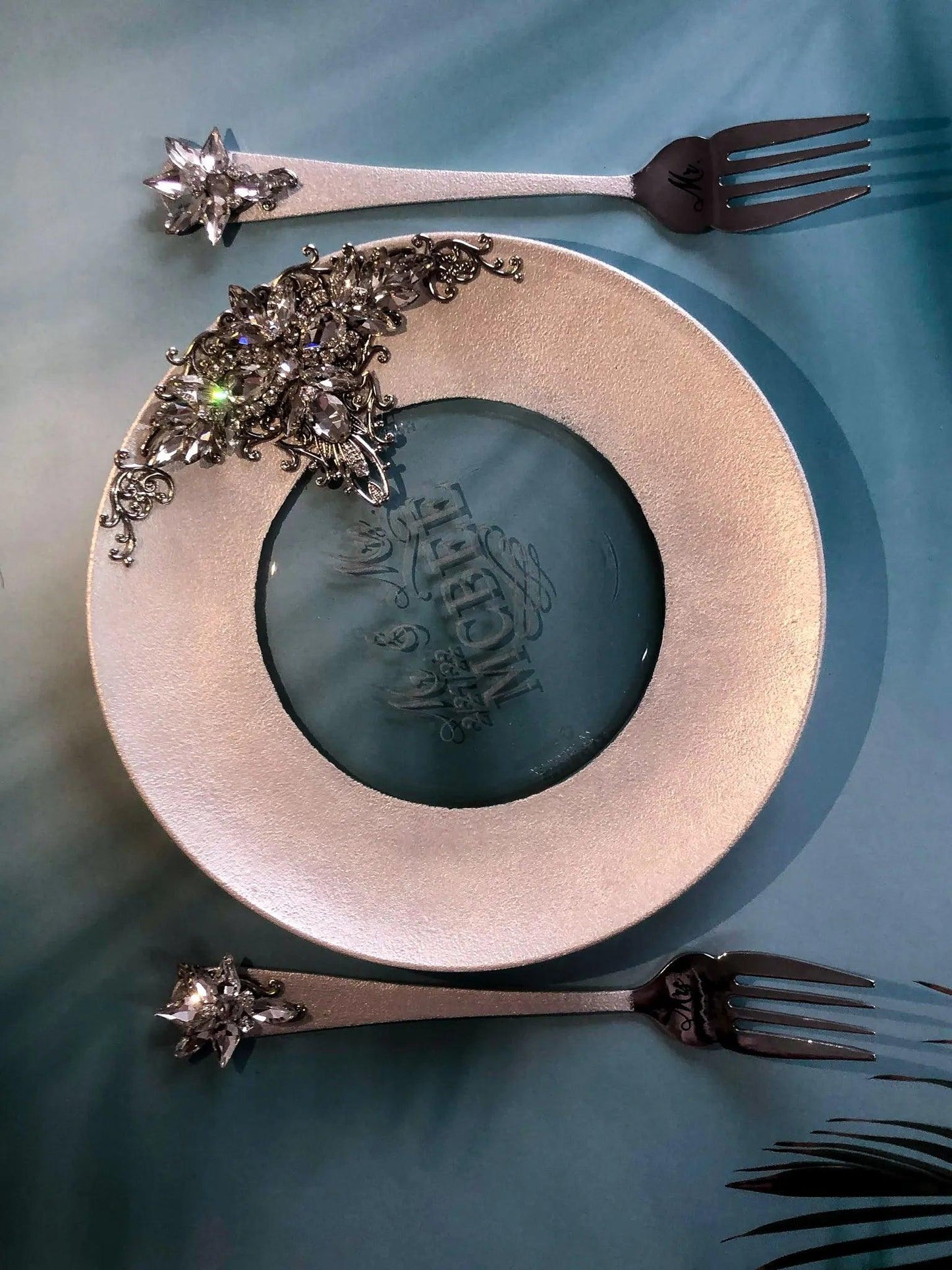 Elegant Silver Crystals Engraved Wedding Dessert Forks and Plate Set