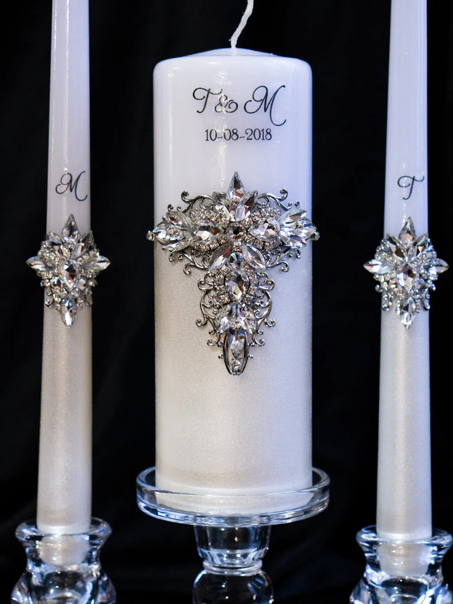 Customized Silver Crystals Wedding Candle Ceremony Set - Gloria Collection