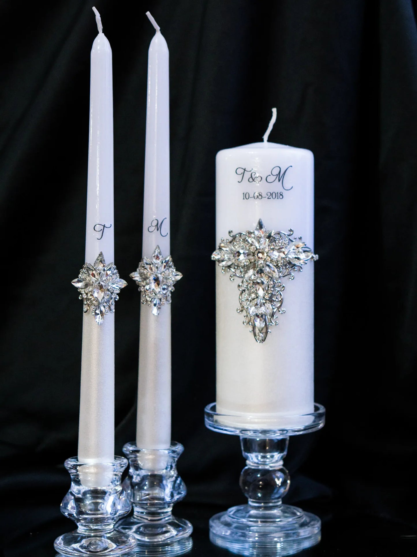 Customized Silver Crystals Wedding Candle Ceremony Set - Gloria Collection