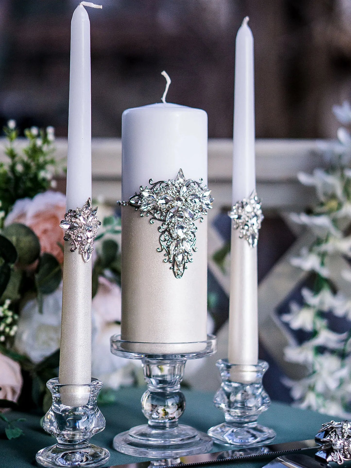 Customized Silver Crystals Wedding Candle Ceremony Set - Gloria Collection