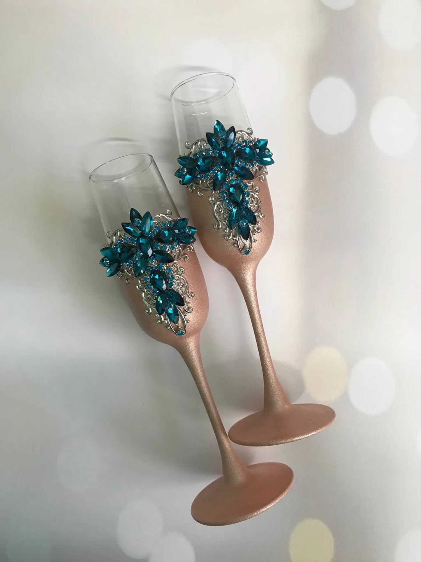 Gloria Blue Teal and Rose Gold Wedding Flutes for the Bride and Groom