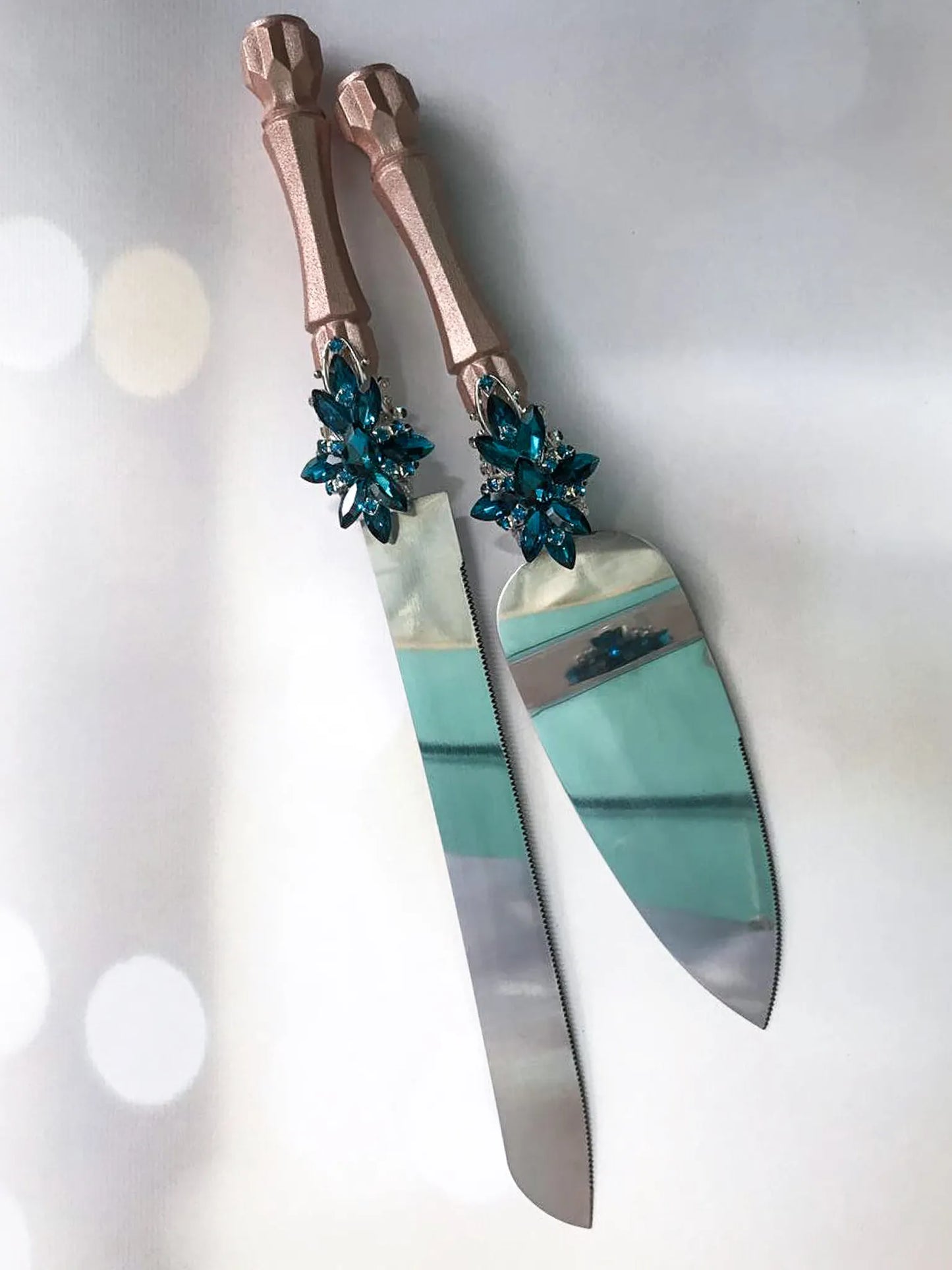 Radiant Blue Teal and Rose Gold Personalized Wedding Cake Knife Set - Gloria Collection