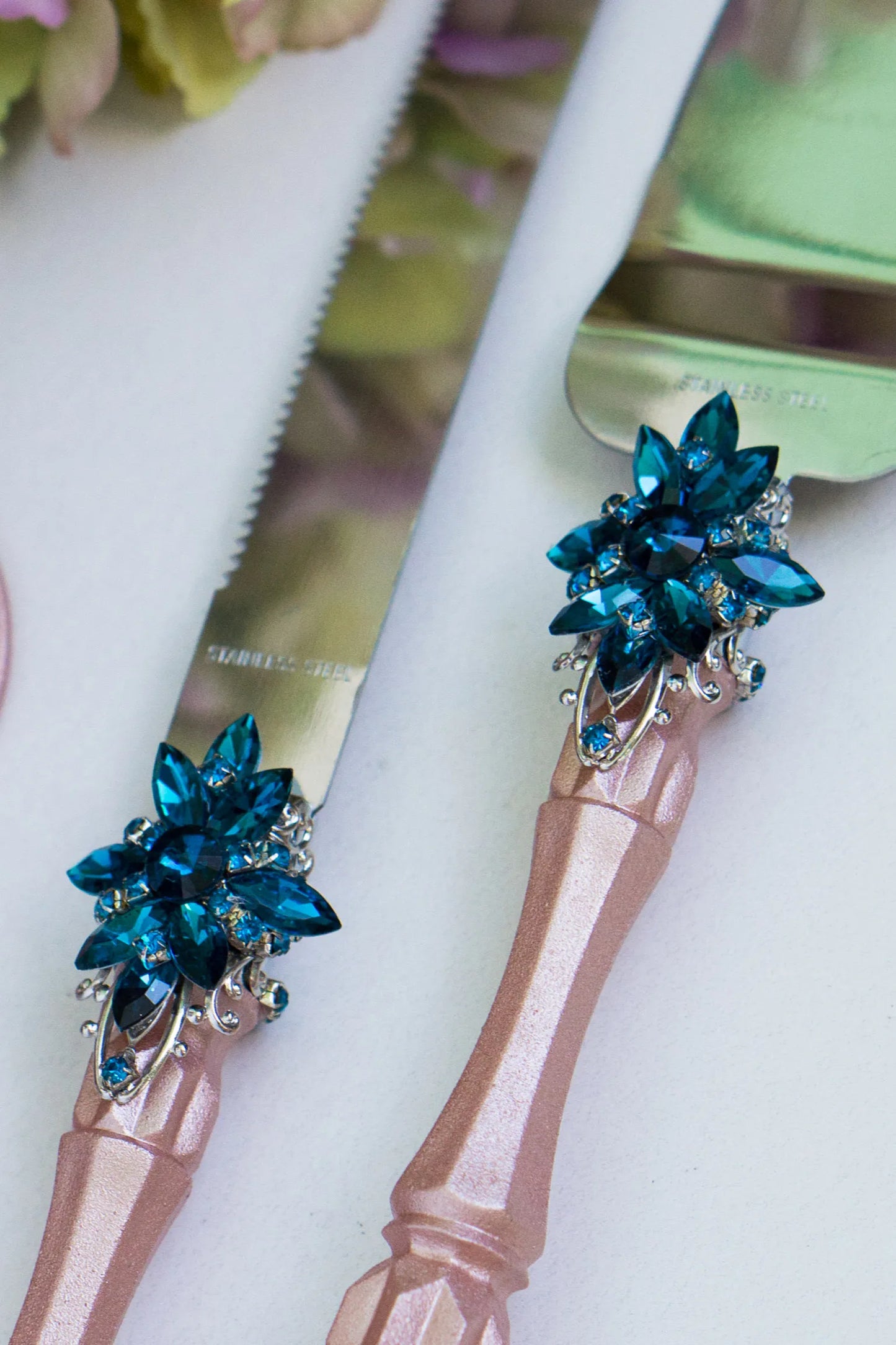 Radiant Blue Teal and Rose Gold Personalized Wedding Cake Knife Set - Gloria Collection