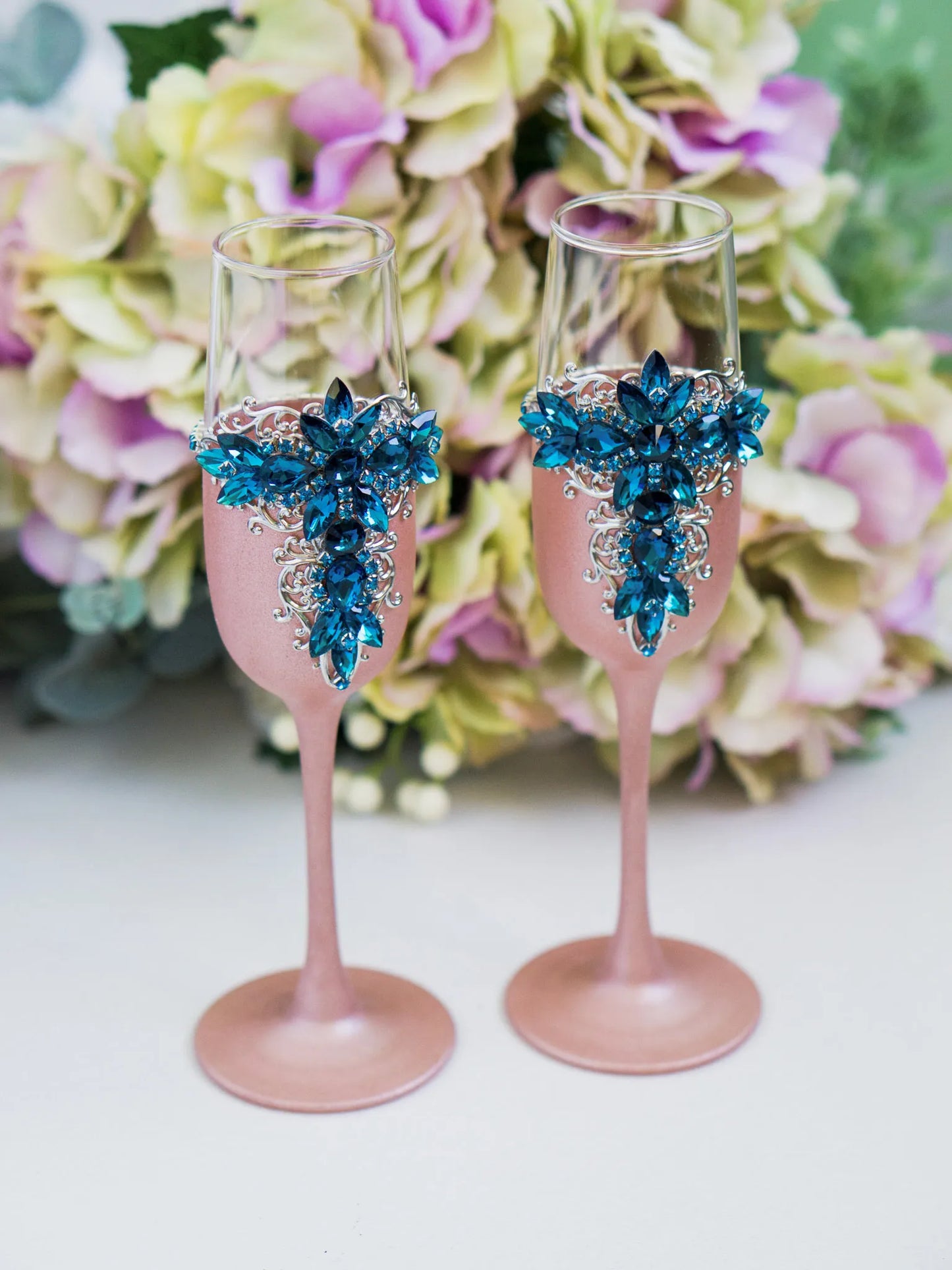 Gloria Blue Teal and Rose Gold Wedding Flutes for the Bride and Groom