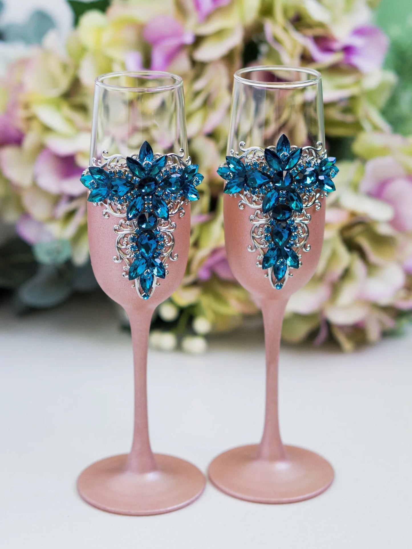 Exquisite Blue Teal and Rose Gold Crystals Luxury Flutes and Cake Cutting Set