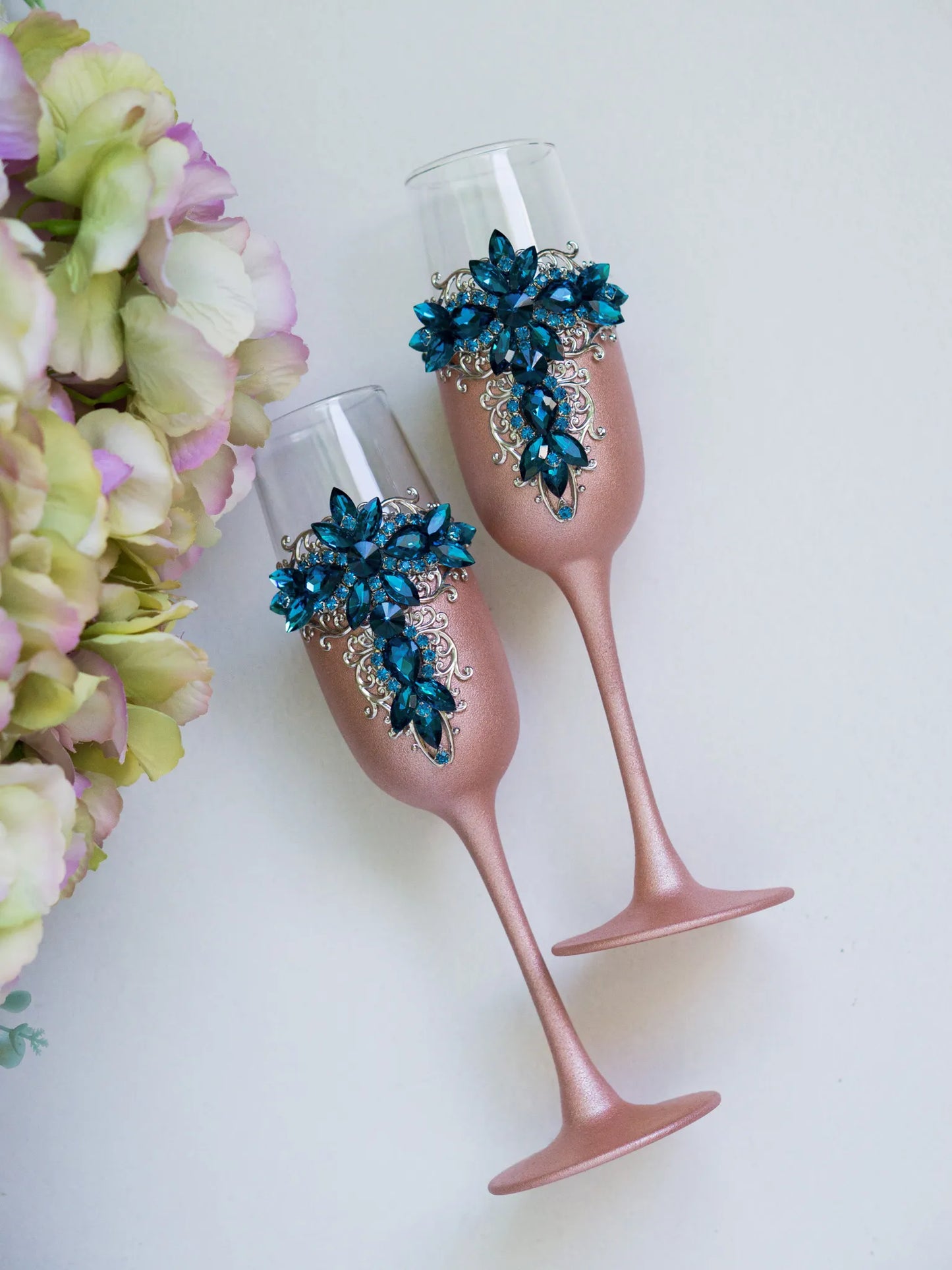 Exquisite Blue Teal and Rose Gold Crystals Luxury Flutes and Cake Cutting Set