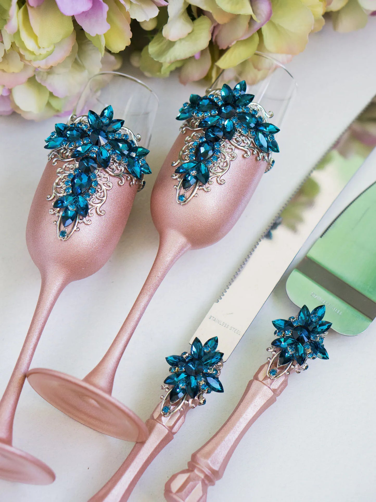 Exquisite Blue Teal and Rose Gold Crystals Luxury Flutes and Cake Cutting Set
