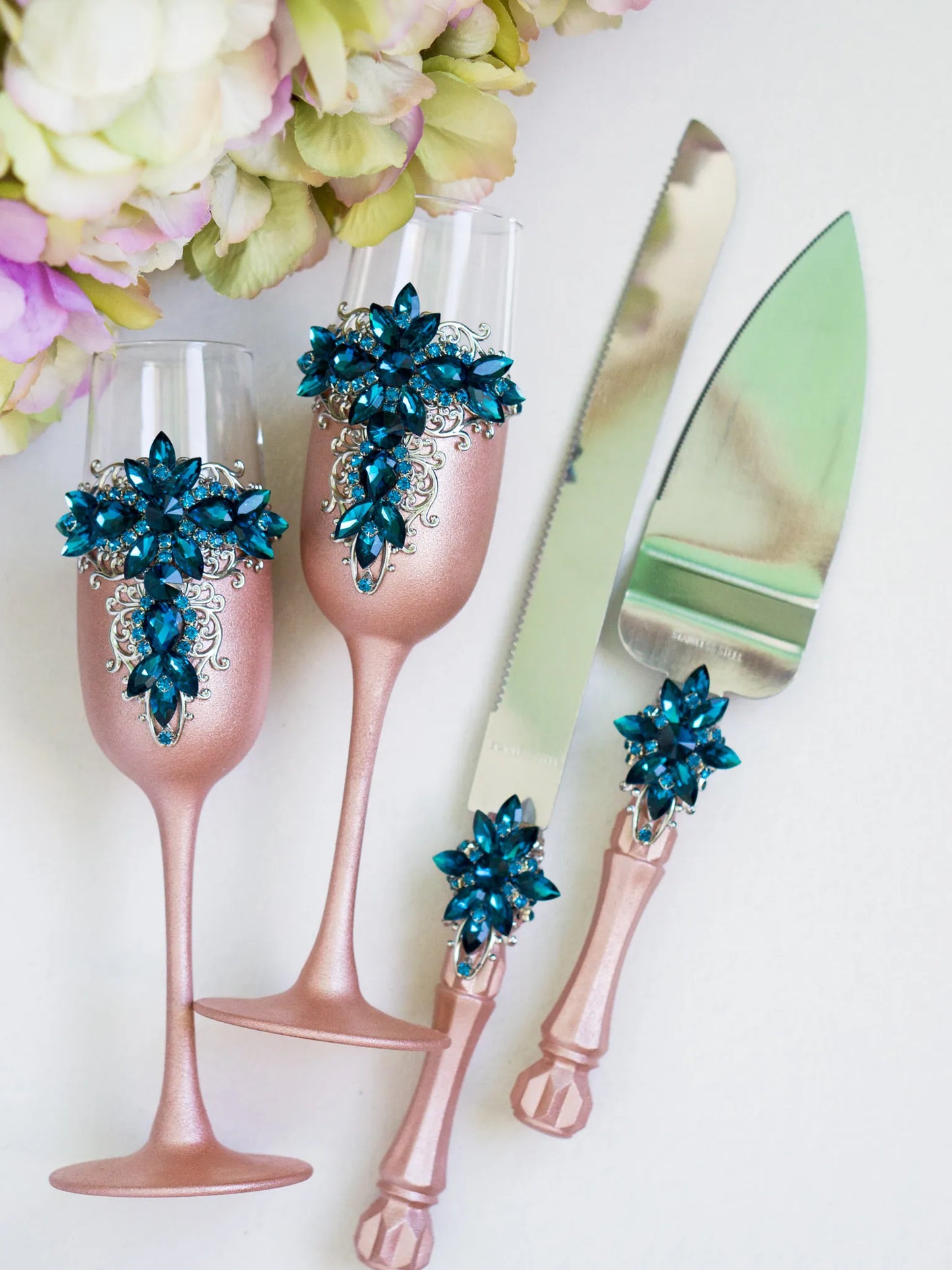 Exquisite Blue Teal and Rose Gold Crystals Luxury Flutes and Cake Cutting Set
