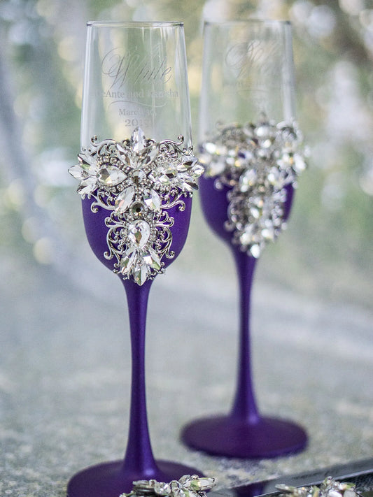 Plum purple and crystal silver wedding flutes