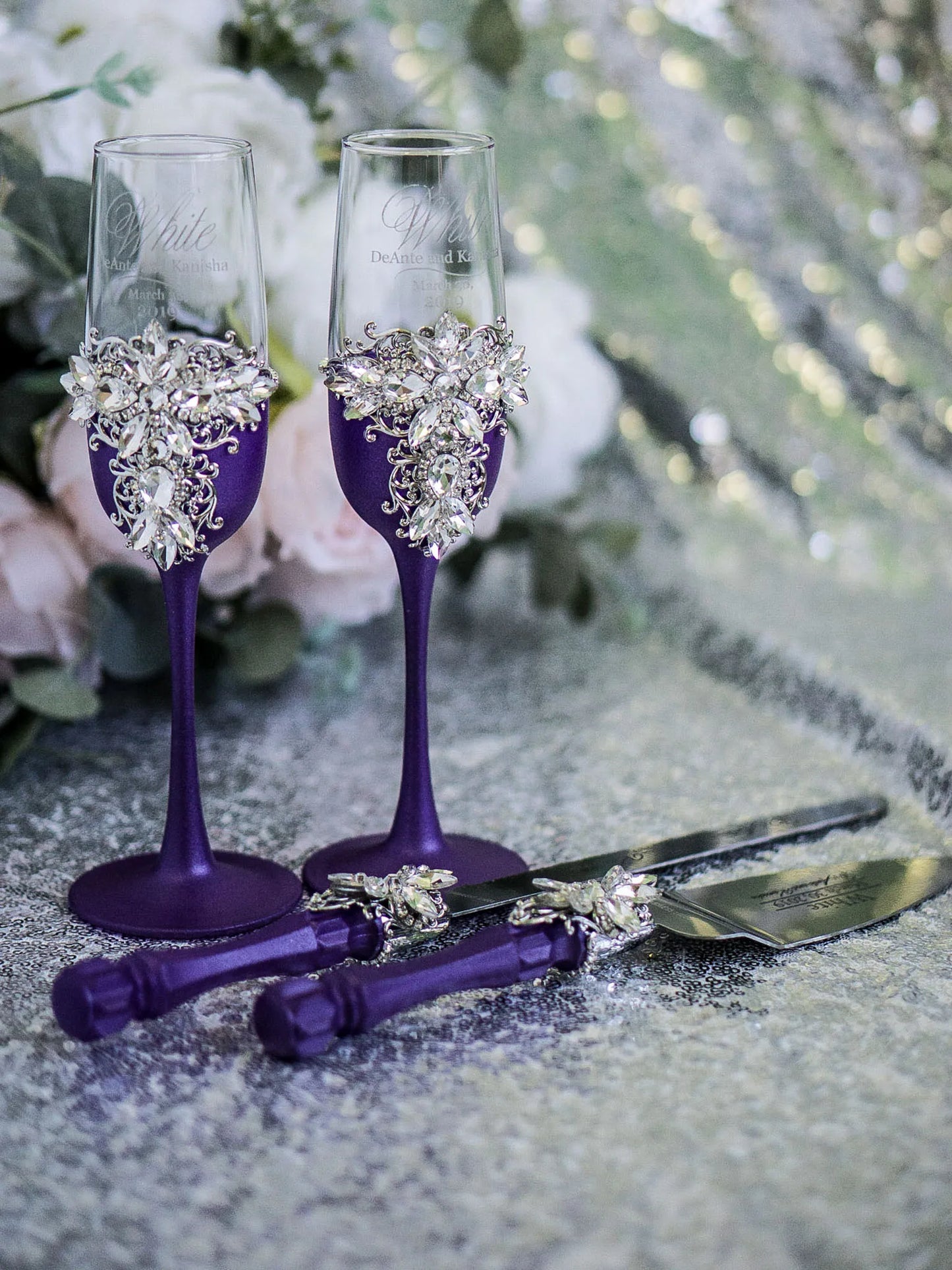 Silver and Plum Purple Personalized Crystals Decorative Champagne Glasses with Cake Serving Accessories