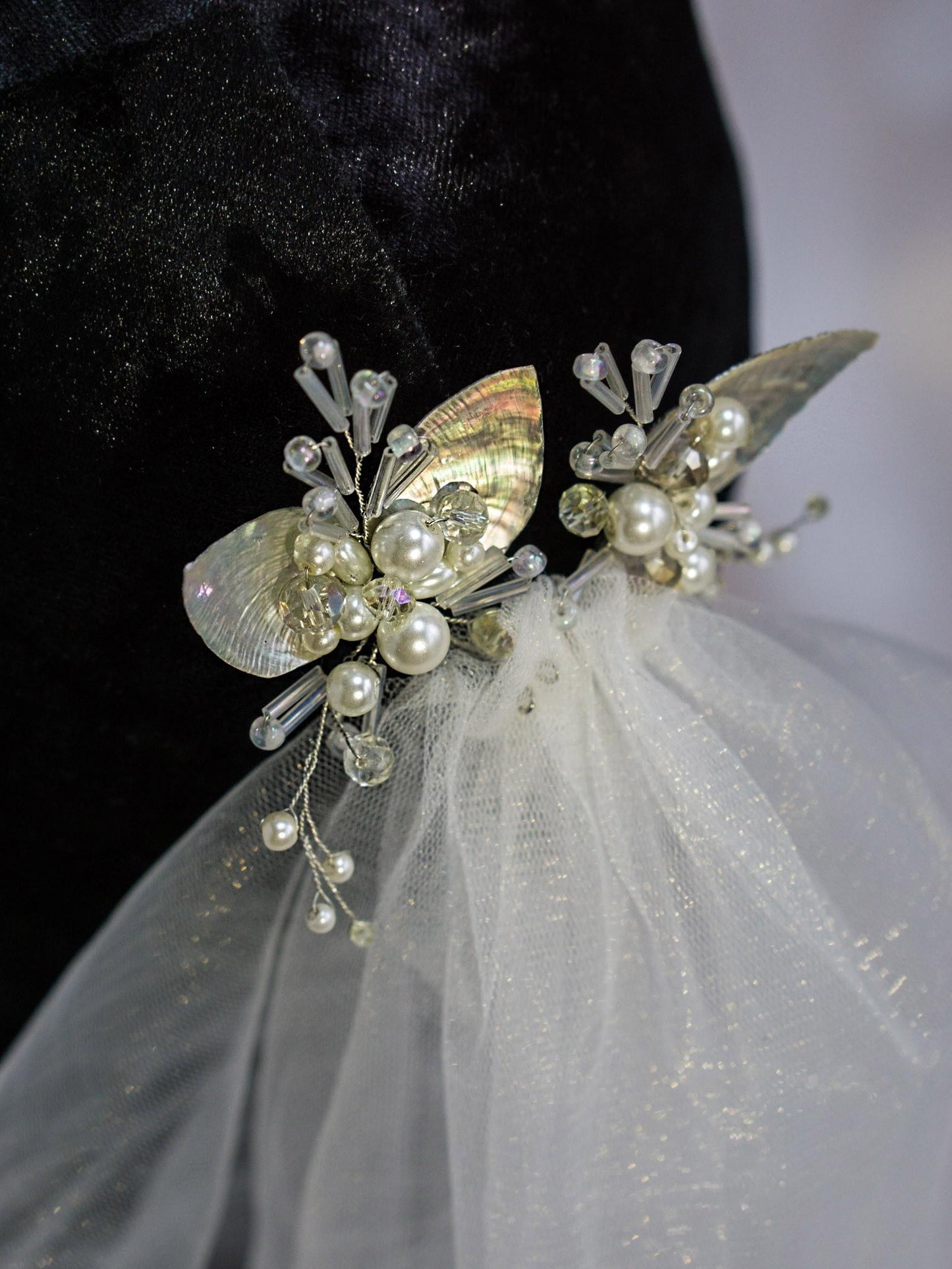Unique Hair Pins with Mother-of-Pearl Leaves and Crystal Beads