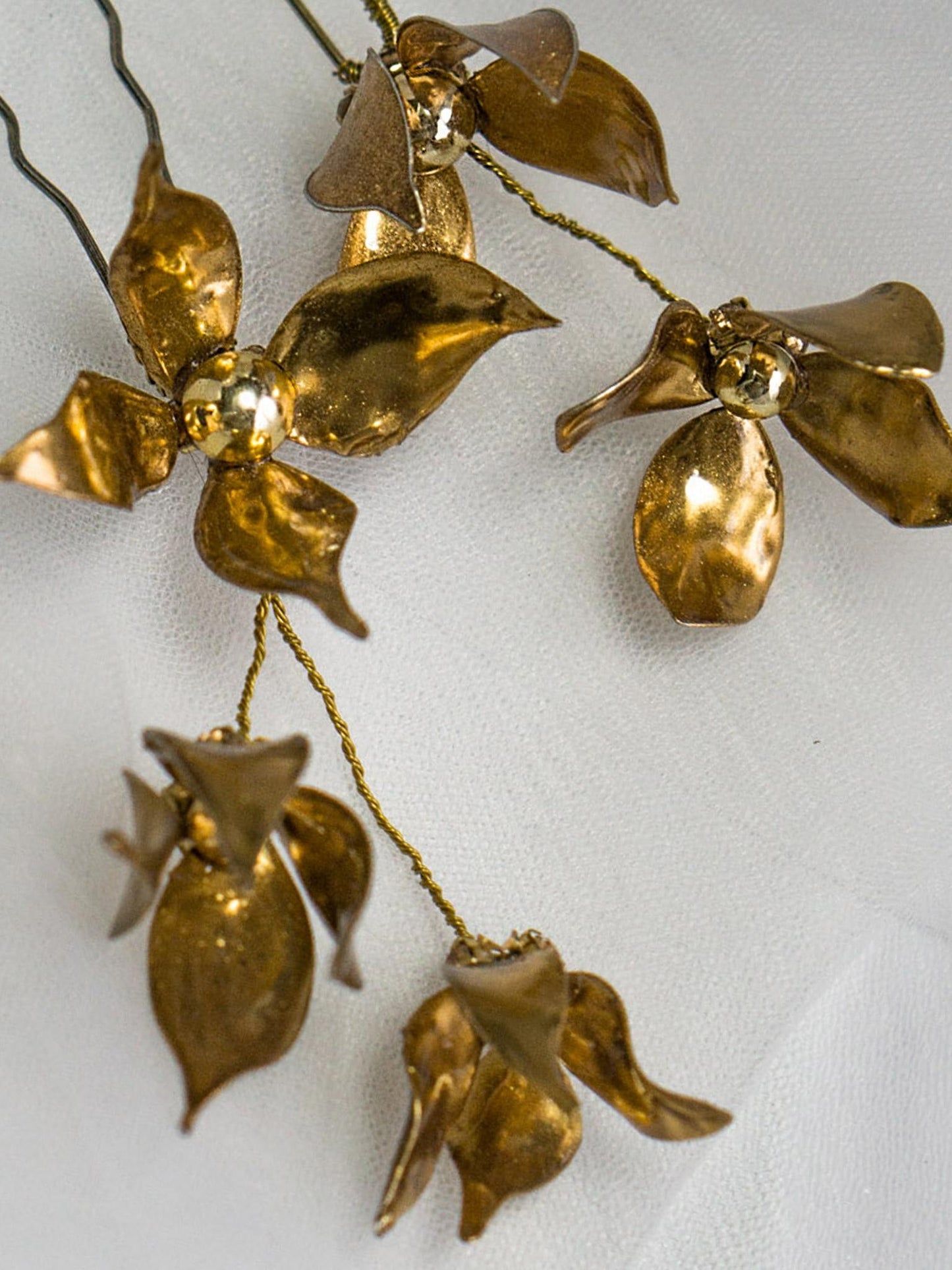 Golden Hair Pins with Unique Clematis Flowers and Shimmering Crystals and Pearls